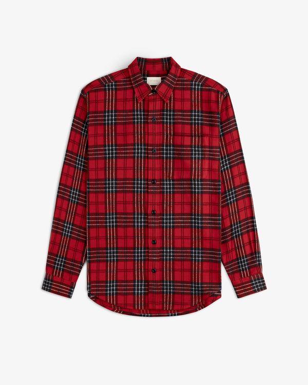 Yarn Dyed Plaid Overshirt, a long-sleeve, button-down shirt in a red and black plaid pattern.