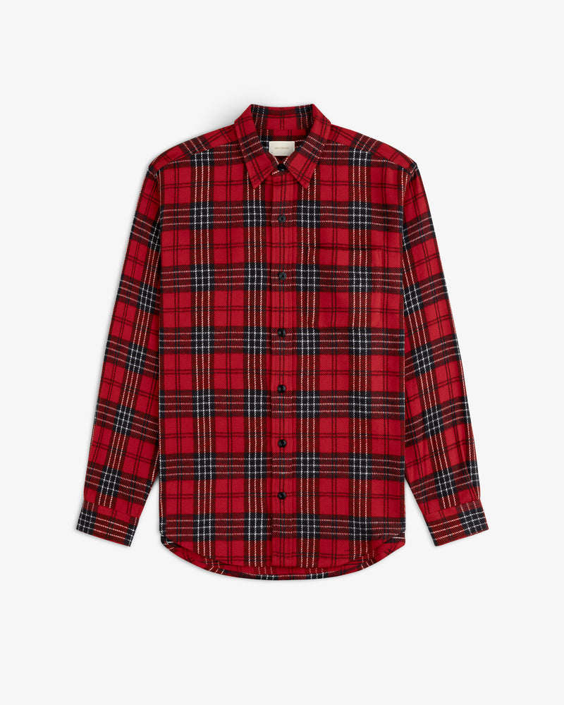 Yarn Dyed Plaid Overshirt, a long-sleeve, button-down shirt in a red and black plaid pattern.