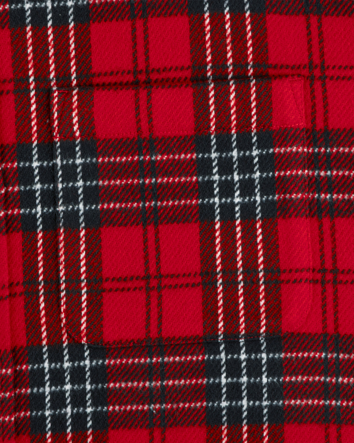 Yarn Dyed Plaid Overshirt in red, black, and white plaid fabric with a chest pocket.