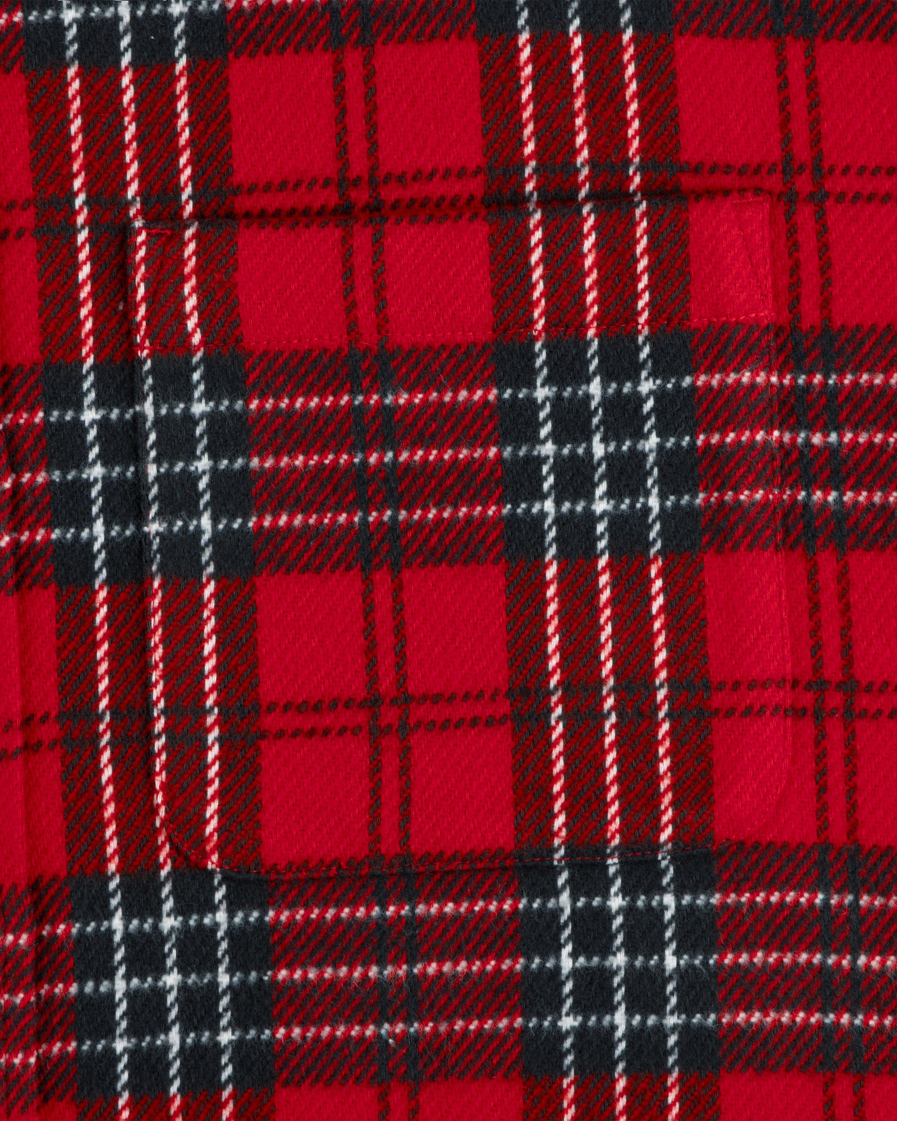 Yarn Dyed Plaid Overshirt in red, black, and white plaid fabric with a chest pocket.