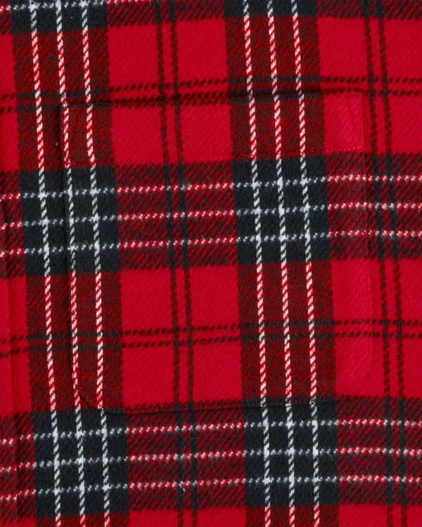 Yarn Dyed Plaid Overshirt in red, black, and white plaid fabric with a chest pocket.