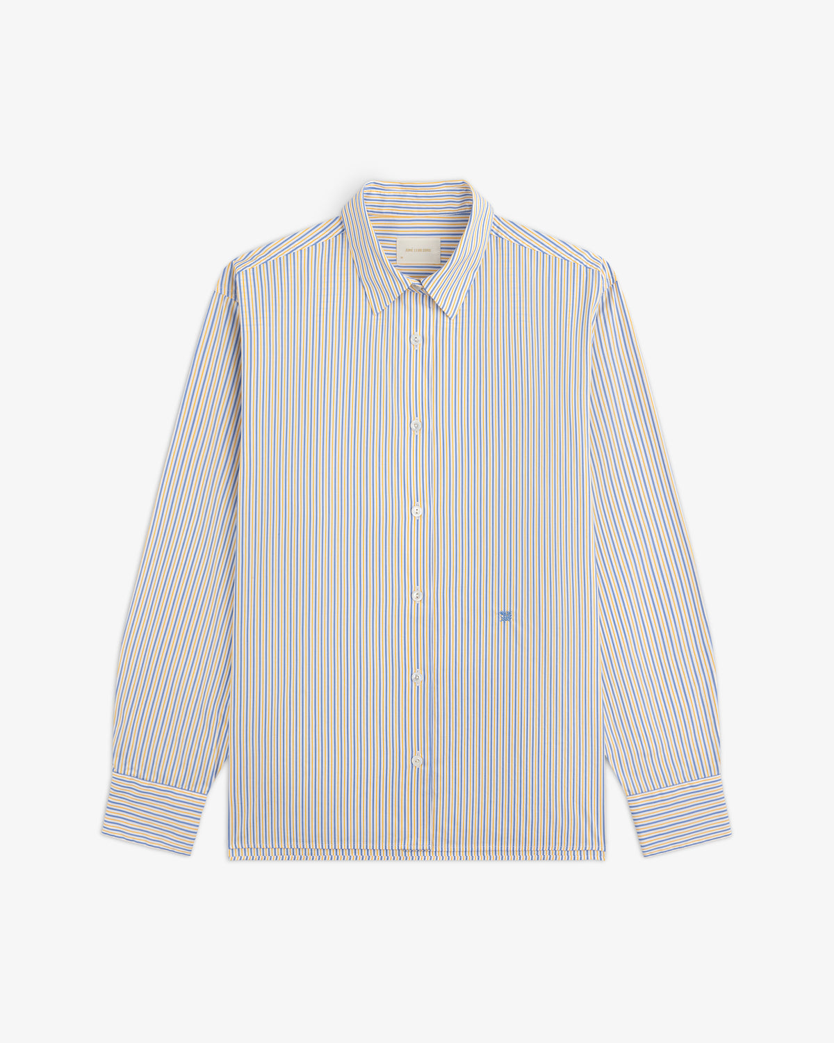 Striped Button Down Poplin Shirt with a blue and yellow vertical stripe pattern.