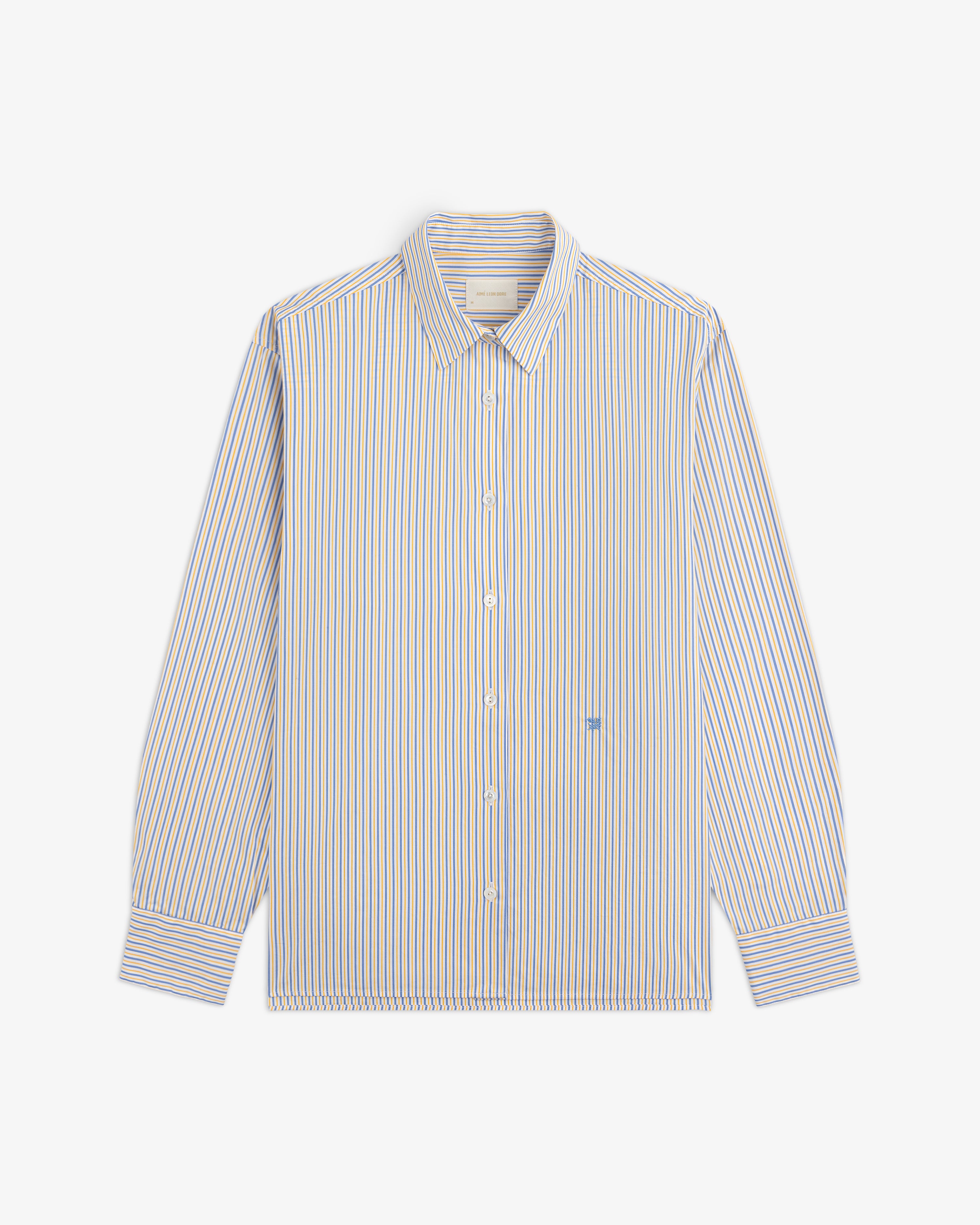 Striped Button Down Poplin Shirt with a blue and yellow vertical stripe pattern.