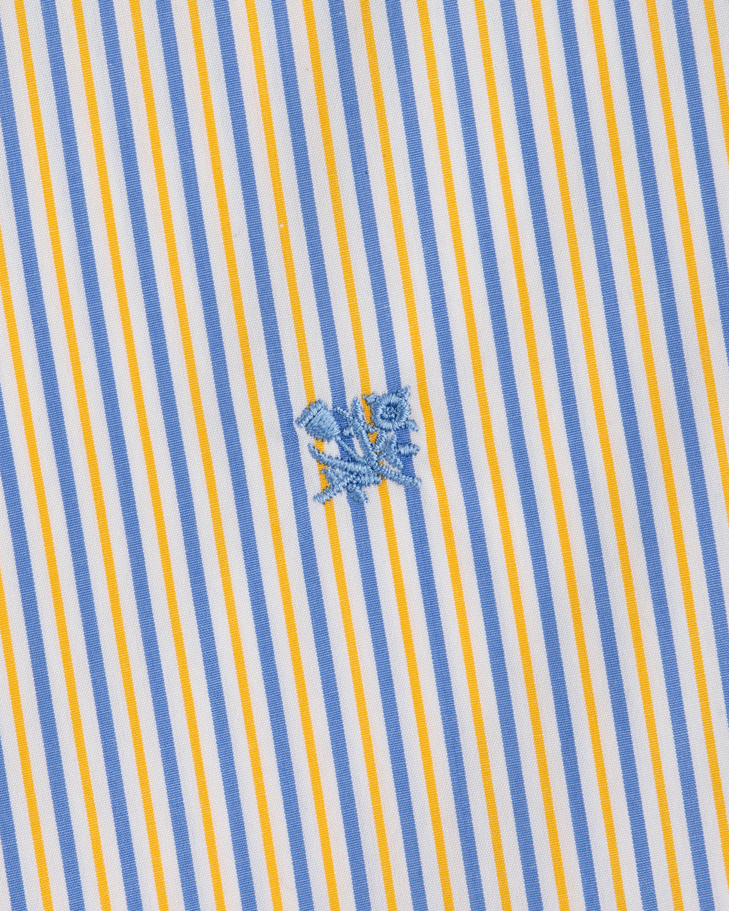 Striped Button Down Poplin Shirt with blue and yellow vertical stripes and a small blue embroidered floral emblem.