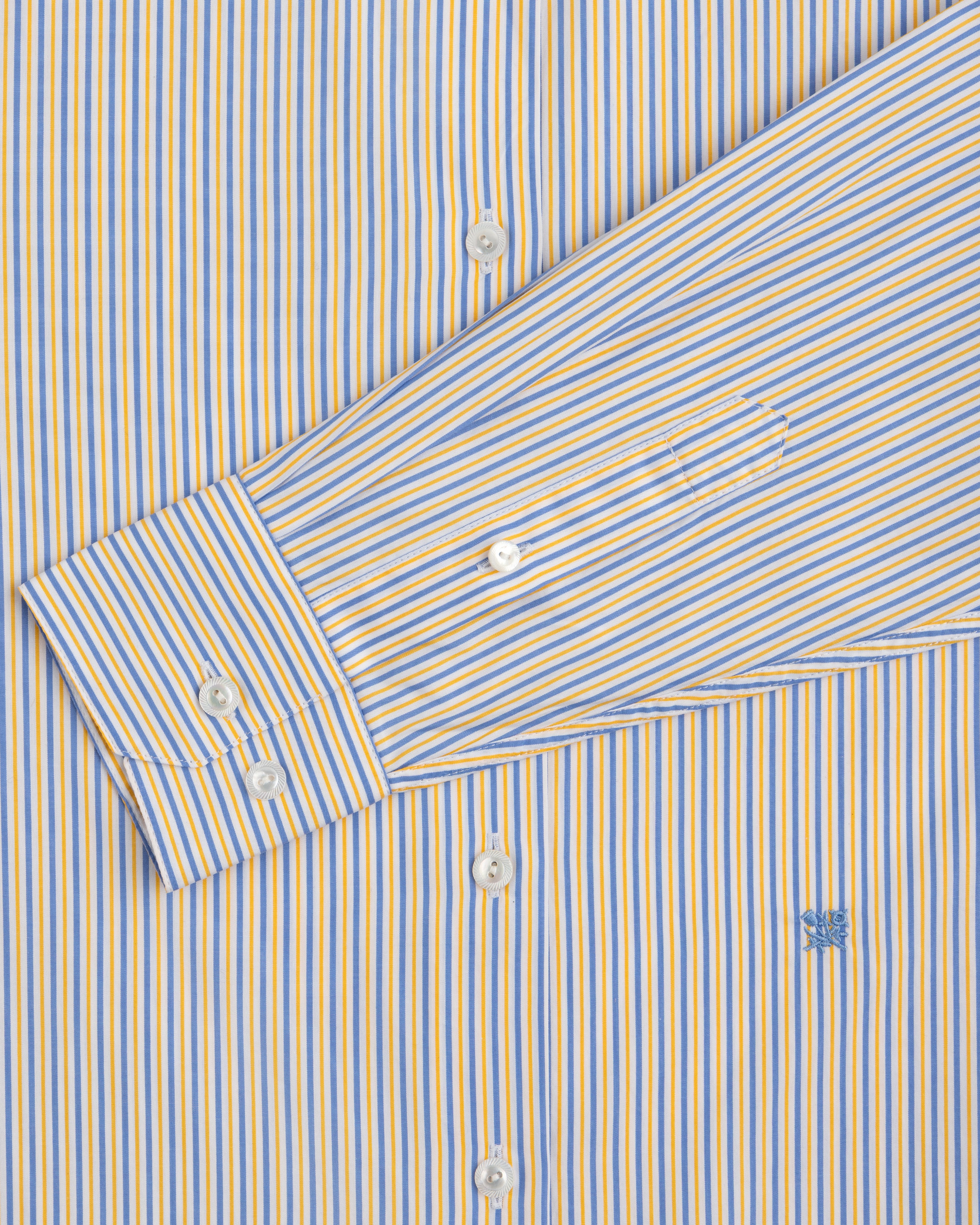 Blue and yellow vertical striped Striped Button Down Poplin Shirt with buttons and an embroidered logo on the chest.