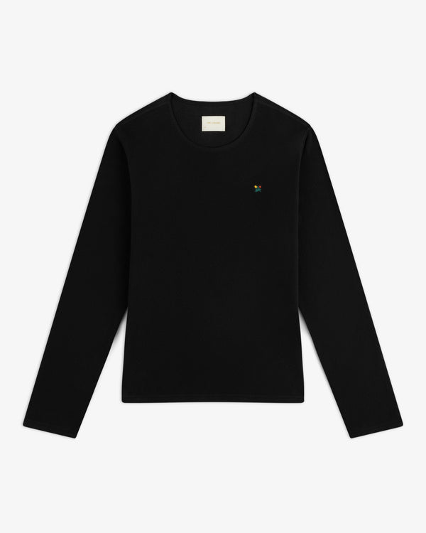 Black Crest Long-Sleeve Fleece Tee with a small colorful floral embroidery on the chest.