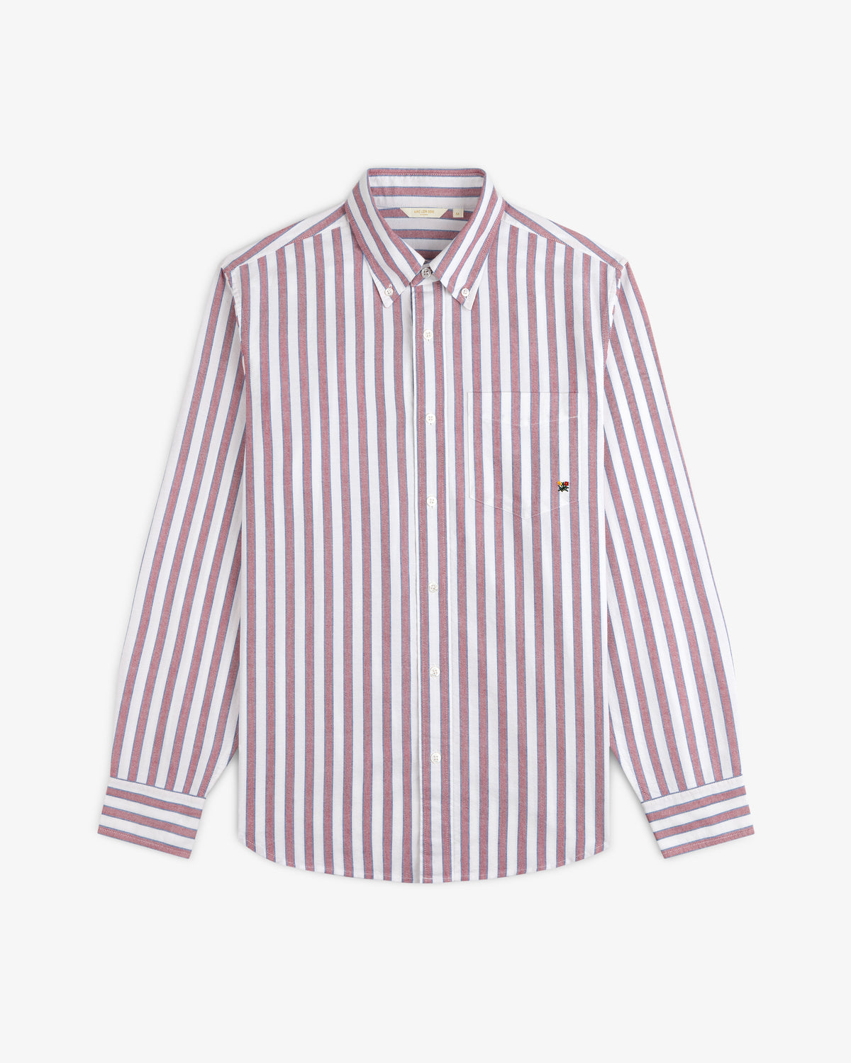 Striped Crest Oxford Shirt: maroon/white vertical stripes, long sleeves, chest pocket, and subtle embroidered logo.