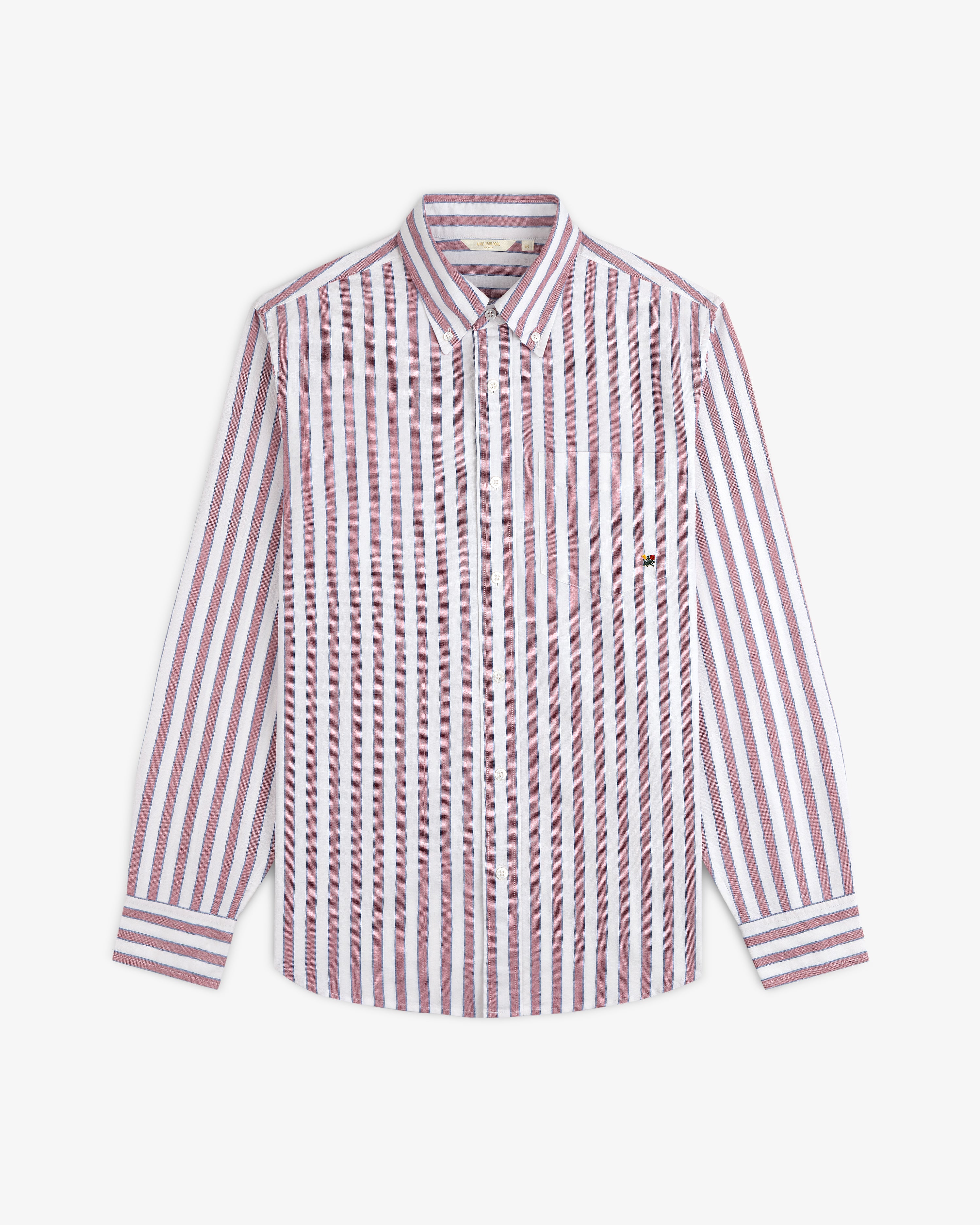 Striped Crest Oxford Shirt: maroon/white vertical stripes, long sleeves, chest pocket, and subtle embroidered logo.