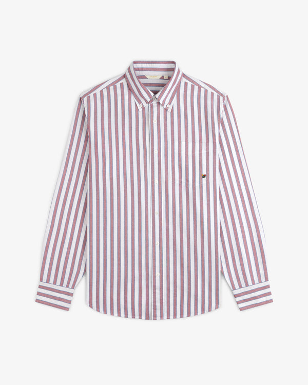 Striped Crest Oxford Shirt: maroon/white vertical stripes, long sleeves, chest pocket, and subtle embroidered logo.