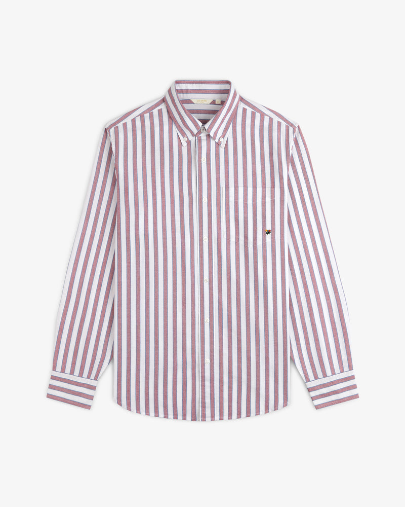 Striped Crest Oxford Shirt: maroon/white vertical stripes, long sleeves, chest pocket, and subtle embroidered logo.