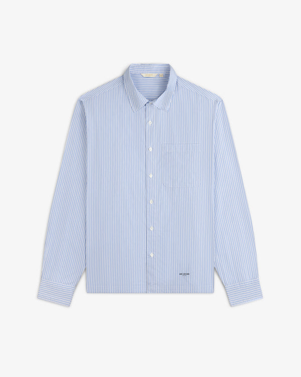 Light blue and white striped Poplin Casual Shirt with collar, long sleeves, shown on a white background.