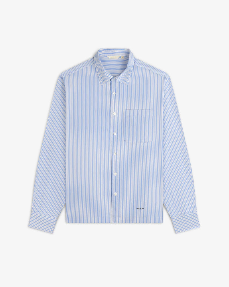 Light blue and white striped Poplin Casual Shirt with collar, long sleeves, shown on a white background.