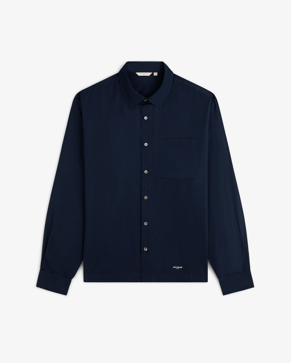 Poplin Casual Shirt in navy blue, long sleeves, button-up with chest pocket, shown on a white background.