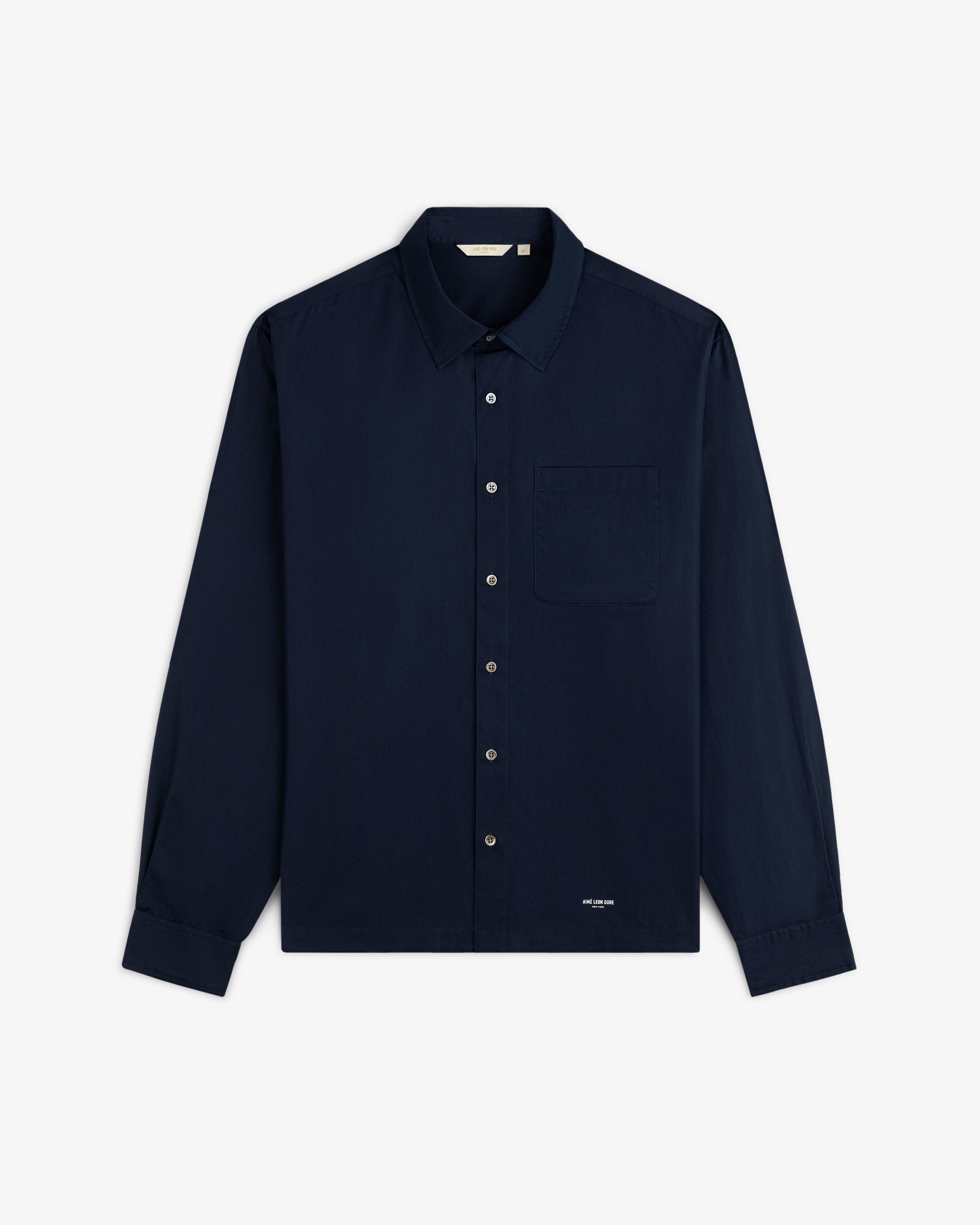 Poplin Casual Shirt in navy blue, long sleeves, button-up with chest pocket, shown on a white background.