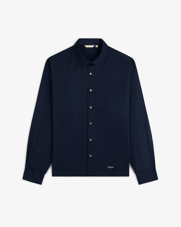 Poplin Casual Shirt in navy blue, long sleeves, button-up with chest pocket, shown on a white background.