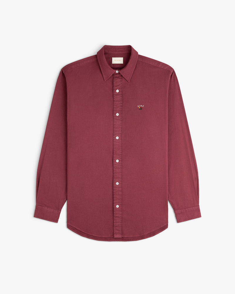 Garment Dyed Leon Overshirt in maroon with collar, long sleeves, chest logo; shown on a white background.