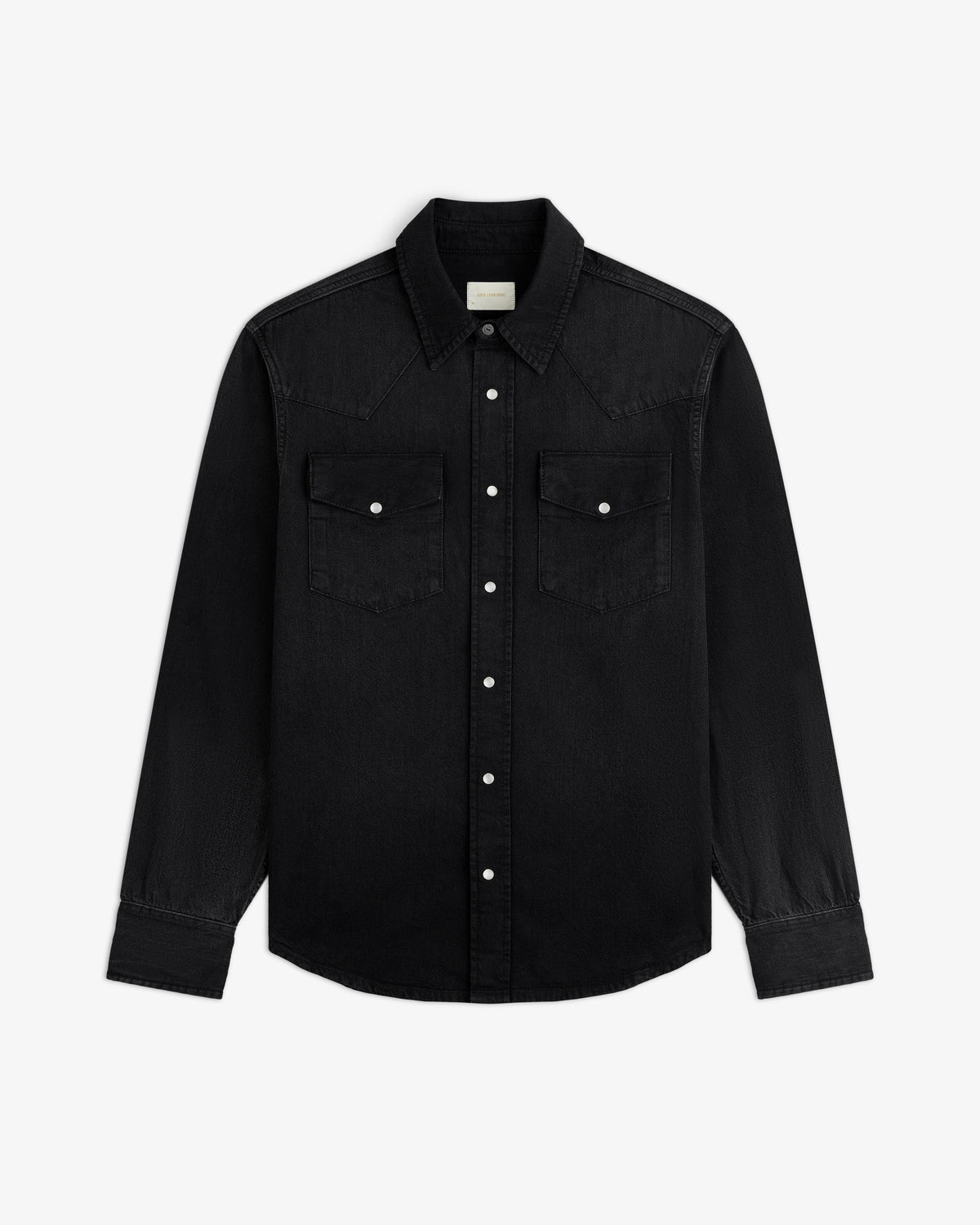 Black Denim Western Shirt with long sleeves, button-flap chest pockets, and silver snap closures.