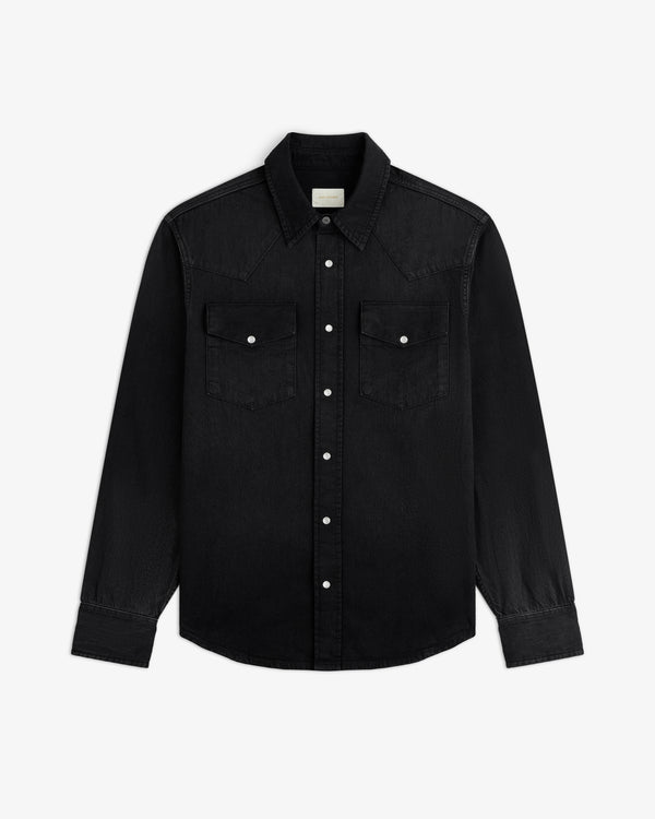 Black Denim Western Shirt with long sleeves, button-flap chest pockets, and silver snap closures.