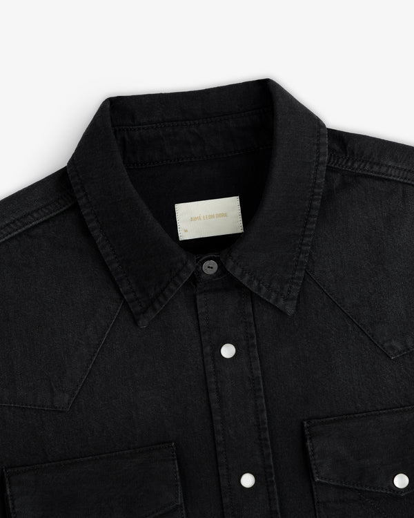 Black Denim Western Shirt with pointed yokes and silver snap buttons.