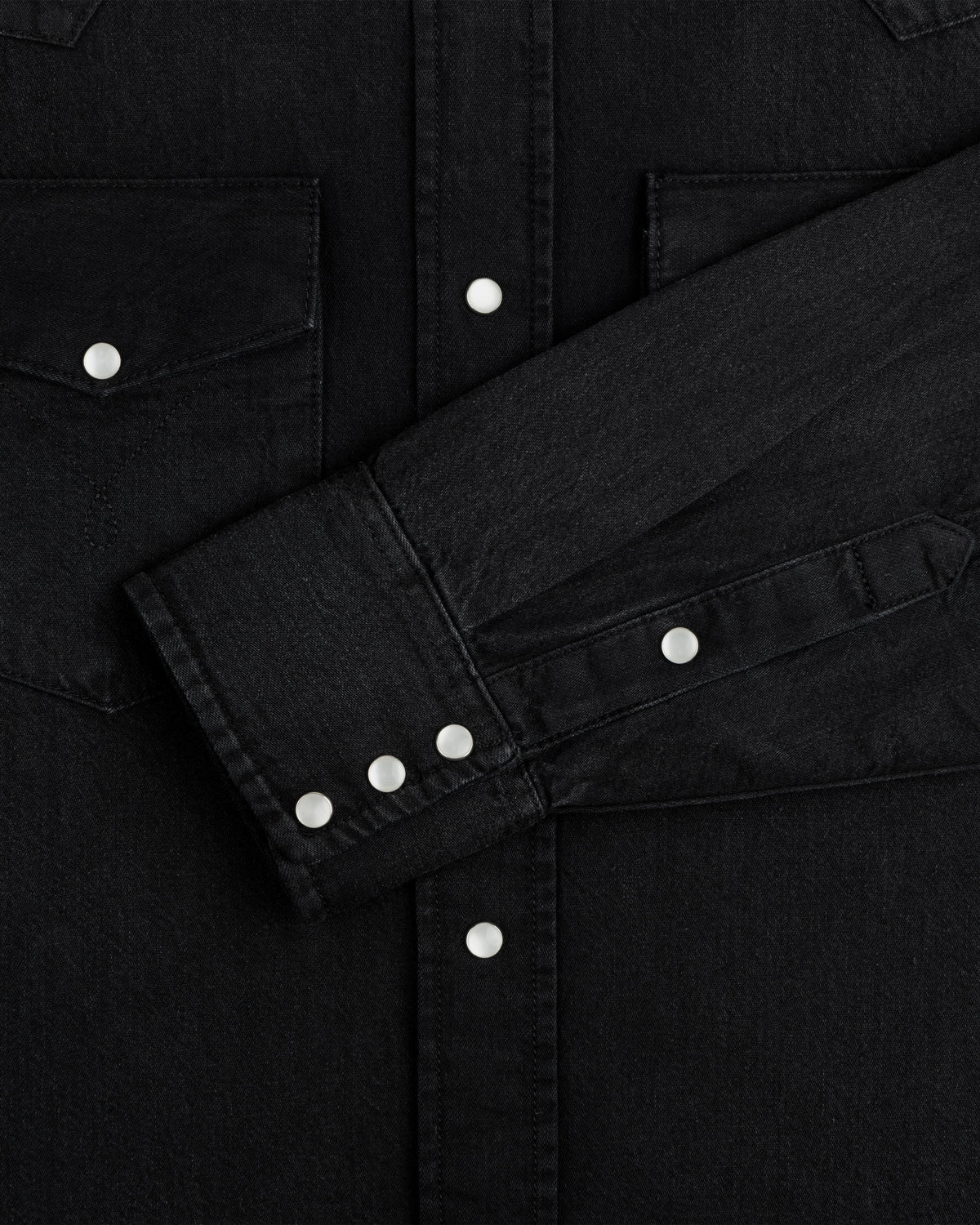 Denim Western Shirt in black denim with silver snap buttons on the placket, chest pockets, and cuffs.
