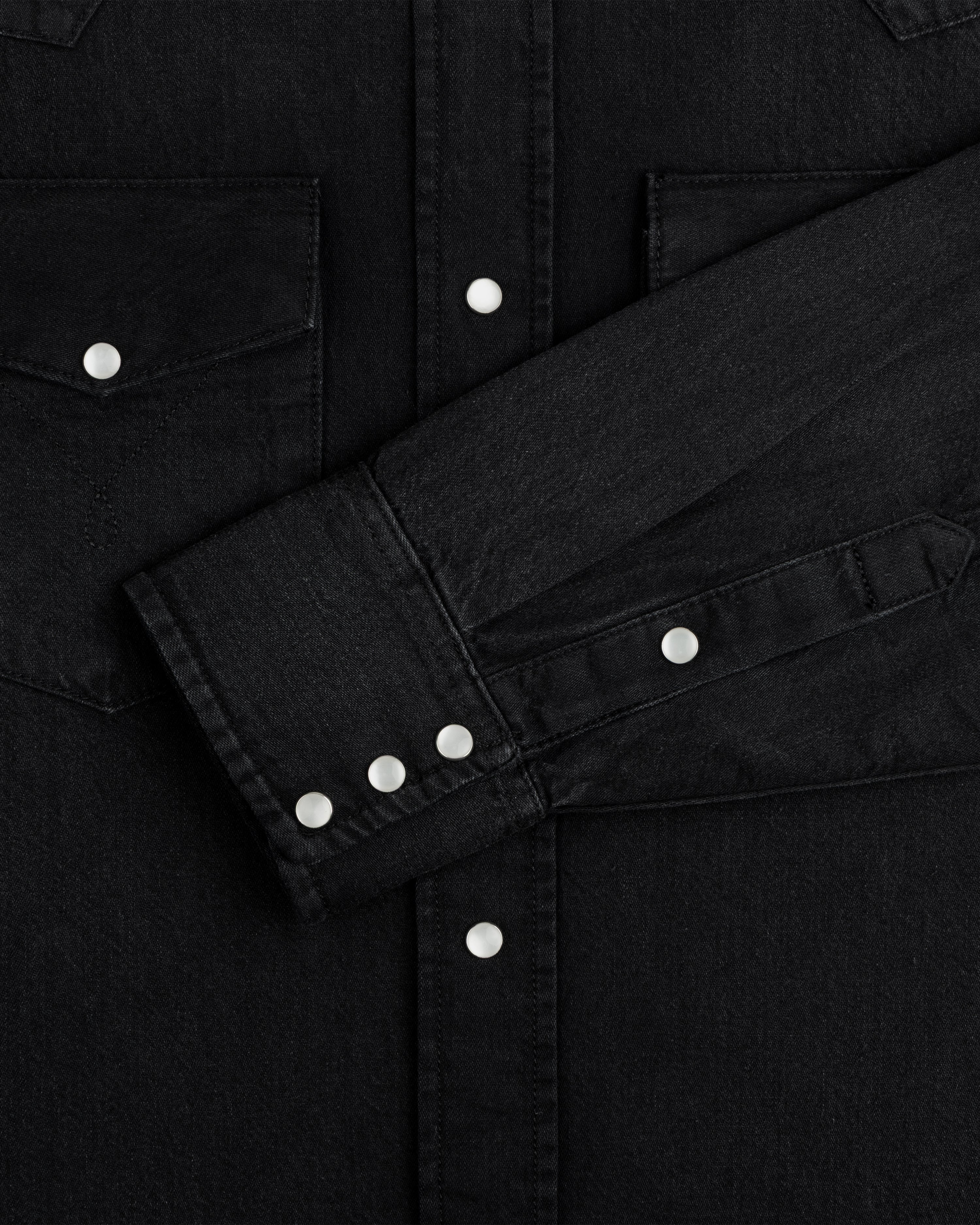Denim Western Shirt in black denim with silver snap buttons on the placket, chest pockets, and cuffs.