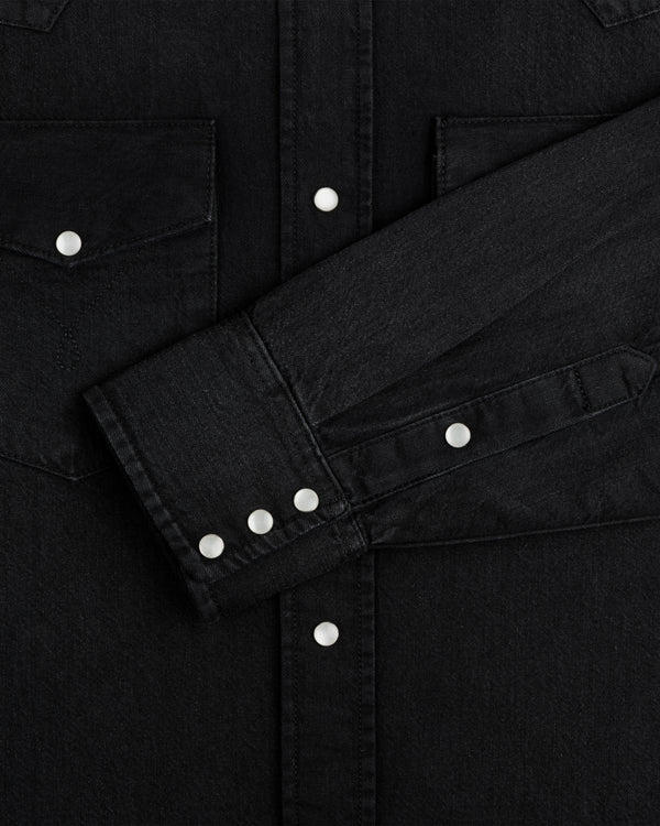Denim Western Shirt in black denim with silver snap buttons on the placket, chest pockets, and cuffs.