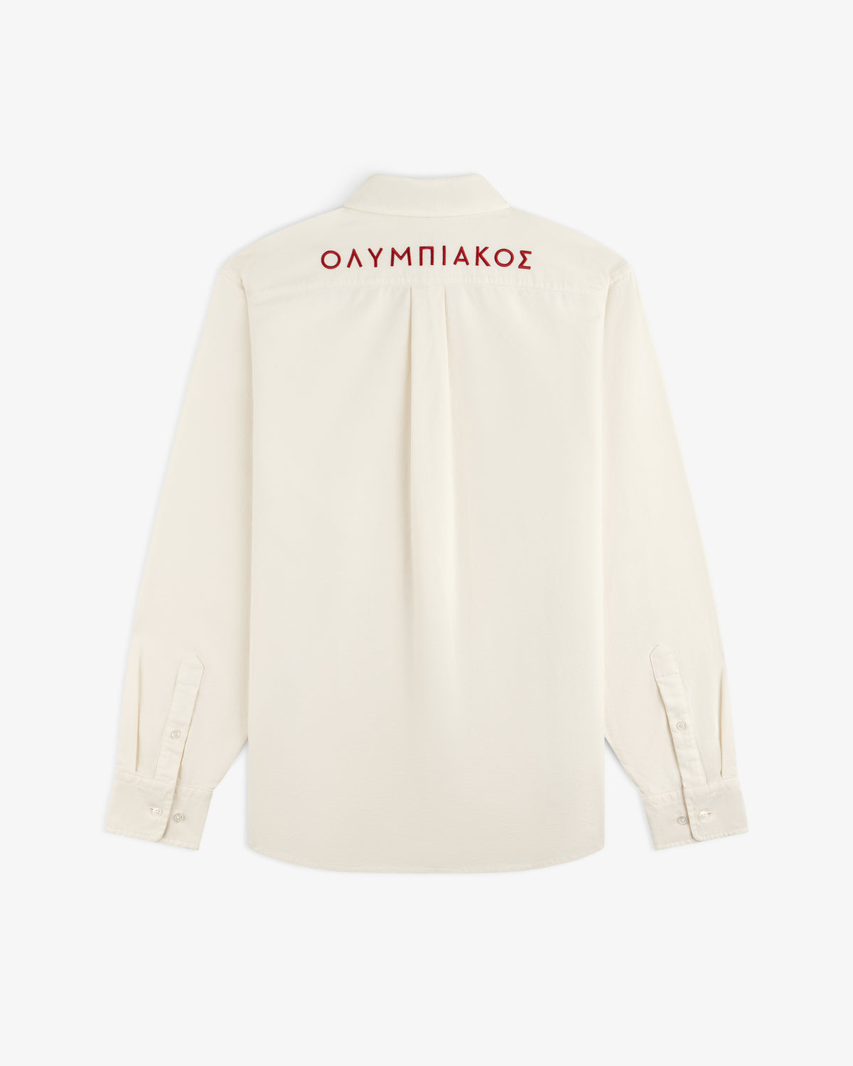 Back view of an ALD / Olympiacos F.C. Logo Oxford Shirt, a cream button-down with red Greek text embroidered on the back.