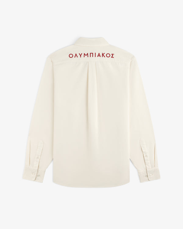 Back view of an ALD / Olympiacos F.C. Logo Oxford Shirt, a cream button-down with red Greek text embroidered on the back.