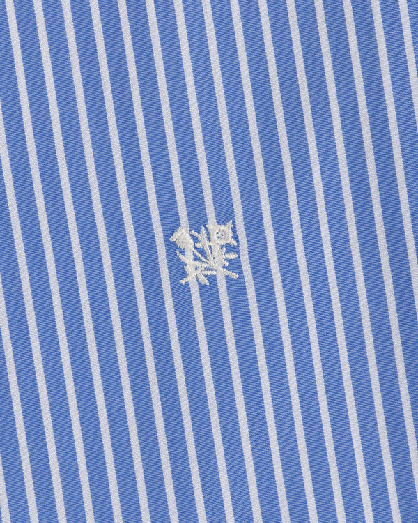 Striped Button Down Poplin Shirt in blue and white stripes with small white floral embroidery.