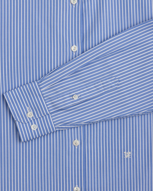 Striped Button Down Poplin Shirt in blue and white vertical stripes with long sleeves and a small embroidered chest logo.