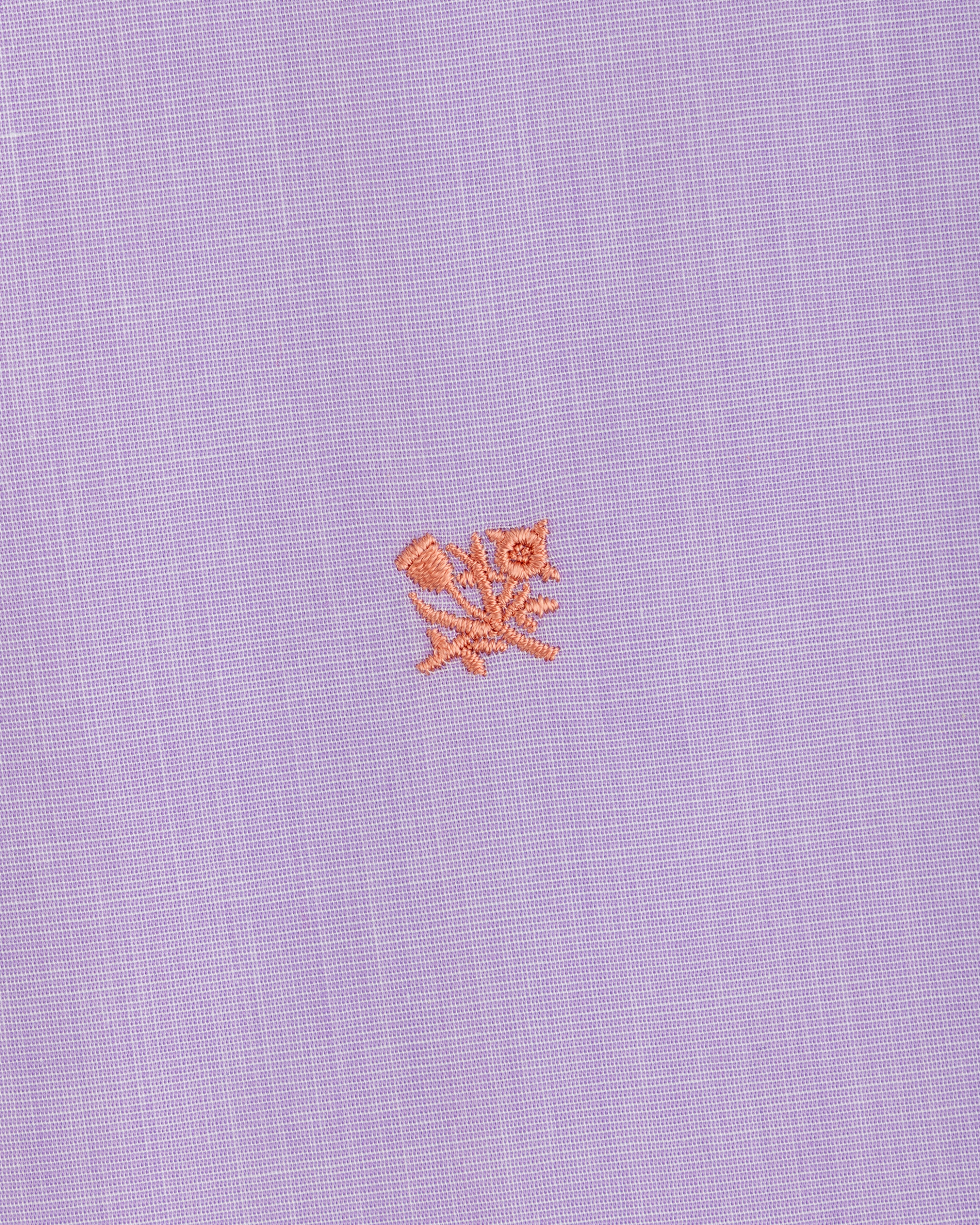 Button Down Poplin Shirt in light purple fabric with a small orange embroidered floral emblem.