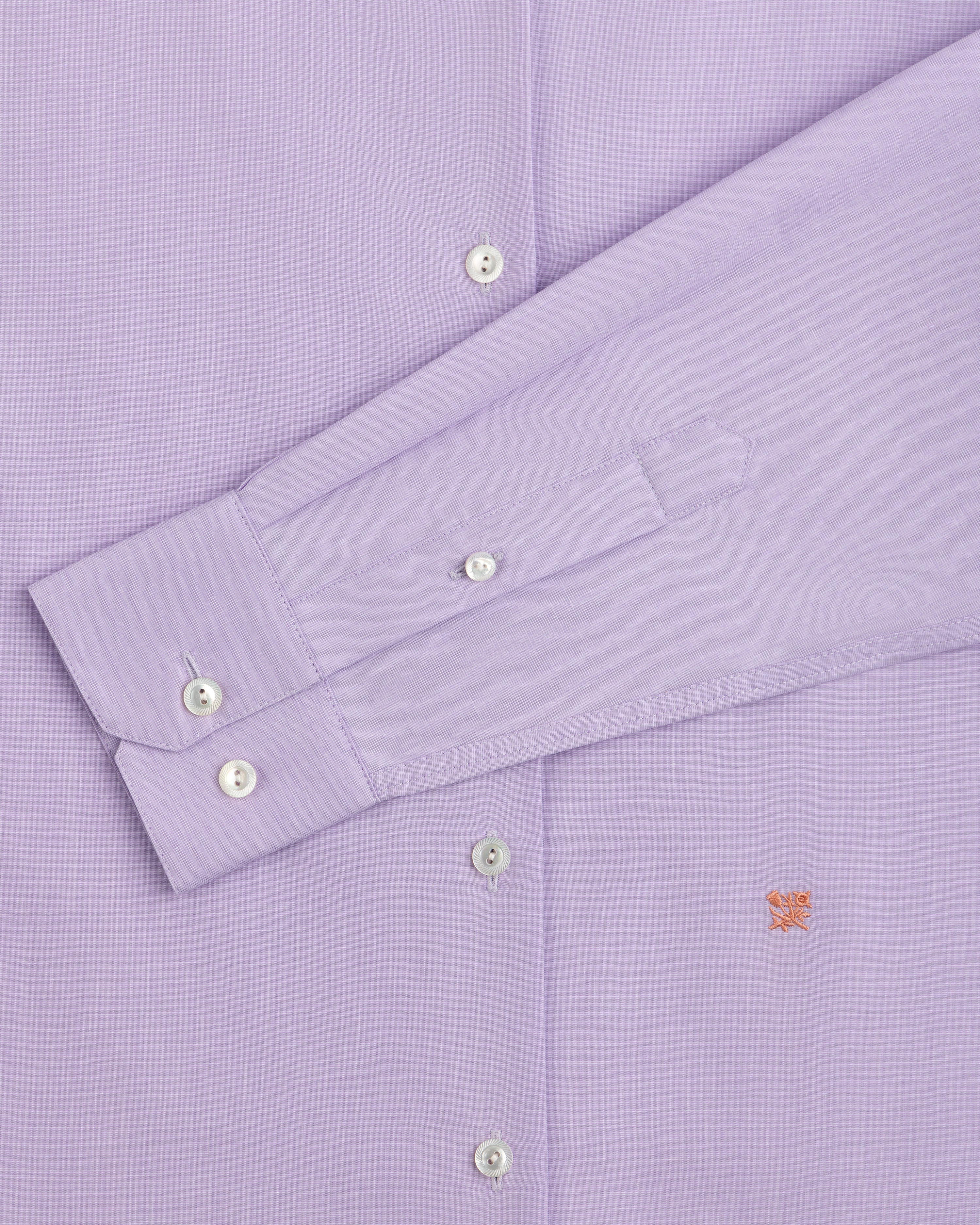 Light purple Button Down Poplin Shirt with long sleeves, white buttons, and a small embroidered emblem on the chest.