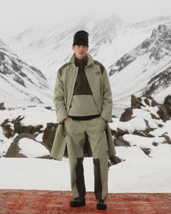 A person wearing ALD/The North Face GORE-TEX Pants stands on a red rug in a snowy mountain landscape.