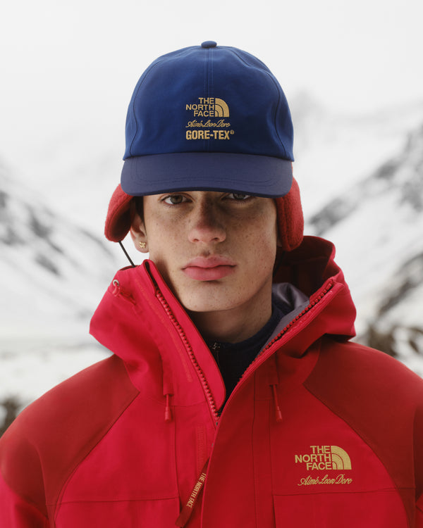 Individual wearing the ALD/The North Face GORE-TEX 2000 Mountain Jacket poses with snowy mountains in the background.