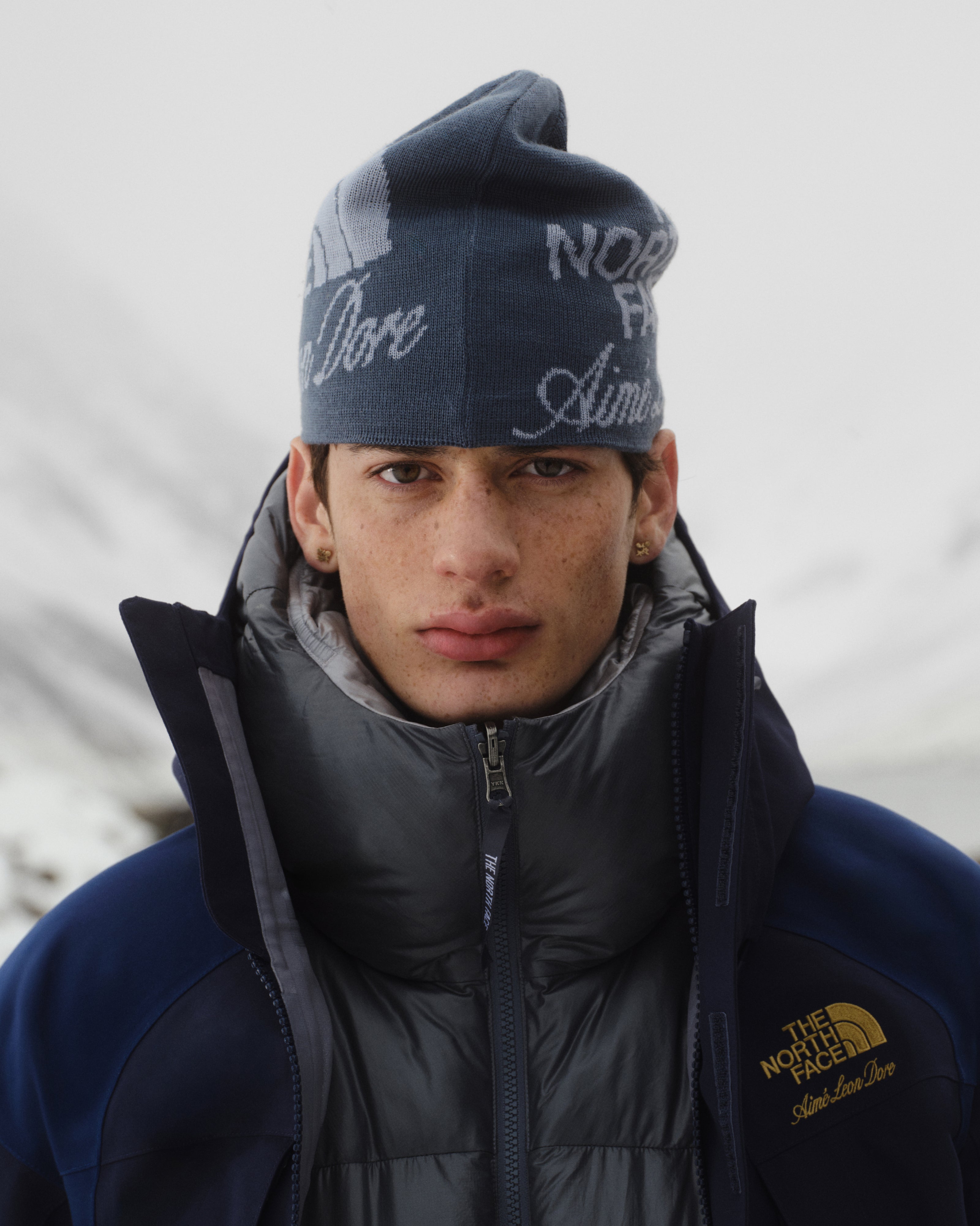 A man in a gray puffer and ALD / The North Face Jacquard Beanie stands outdoors with snowy mountains behind him.