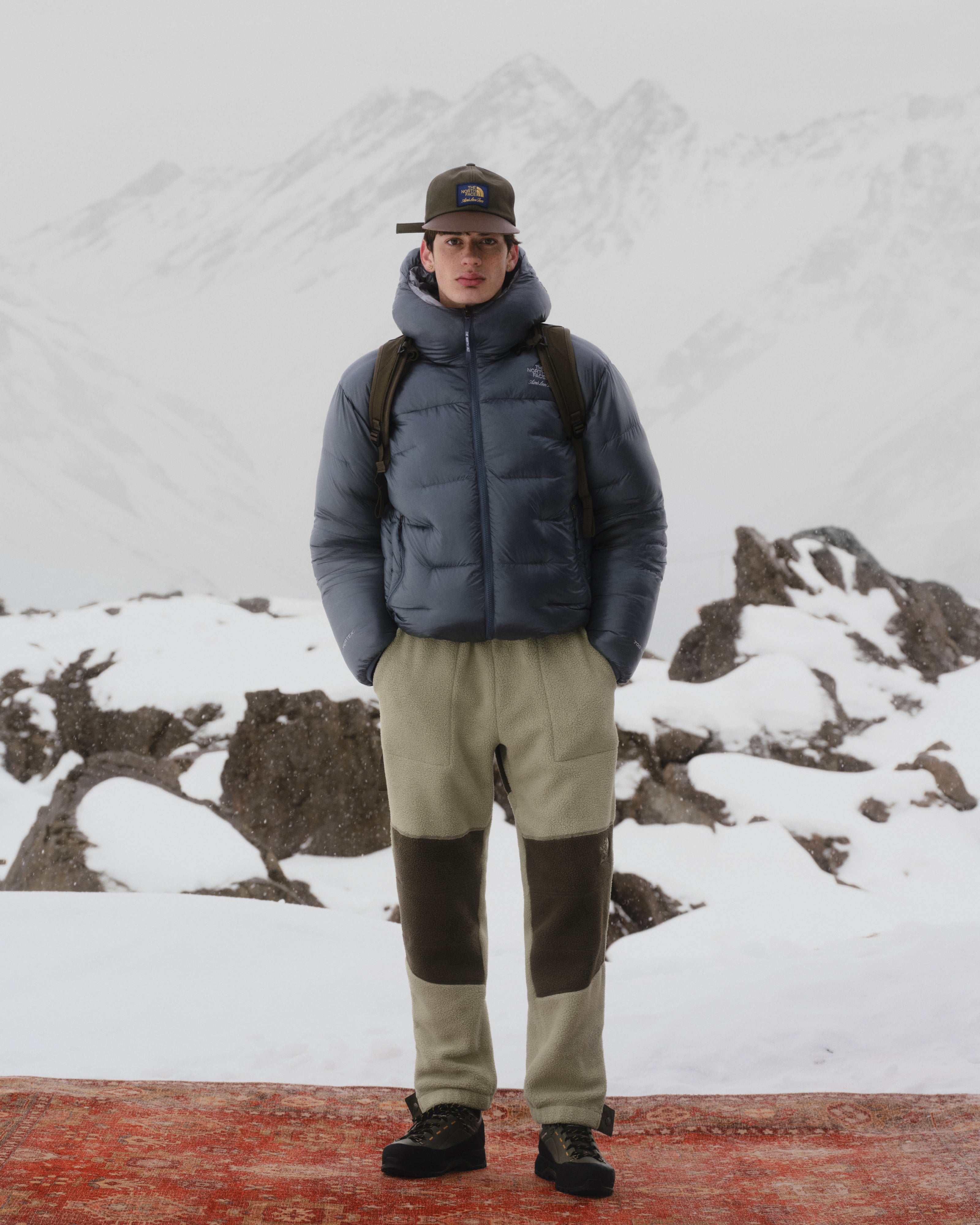 A person in winter clothing and an ALD / The North Face Leather Brim Logo Hat stands on a red rug by snowy mountains.