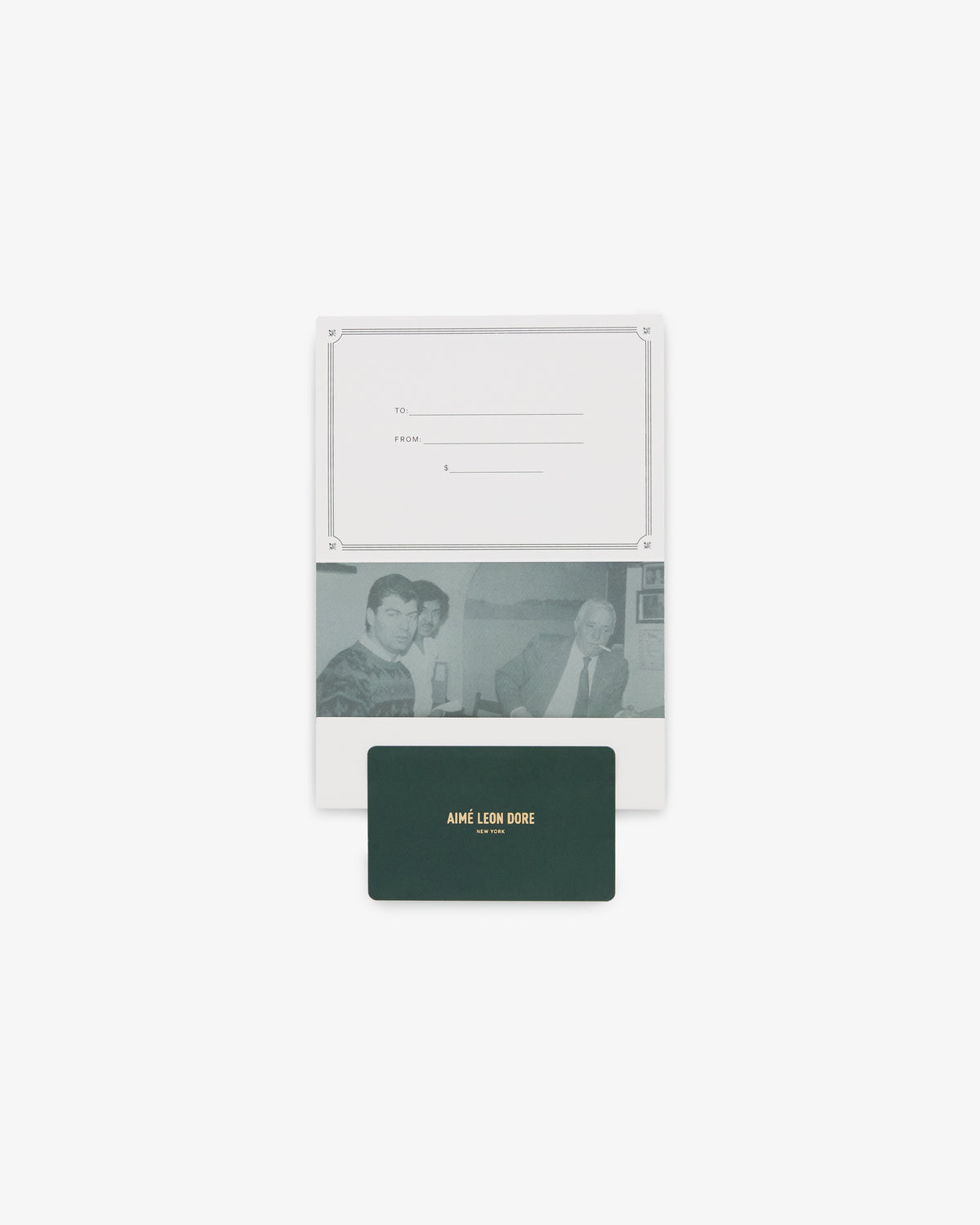 Aimé Leon Dore Gift Card: features a To/From section, vintage photo, and green card with branding.