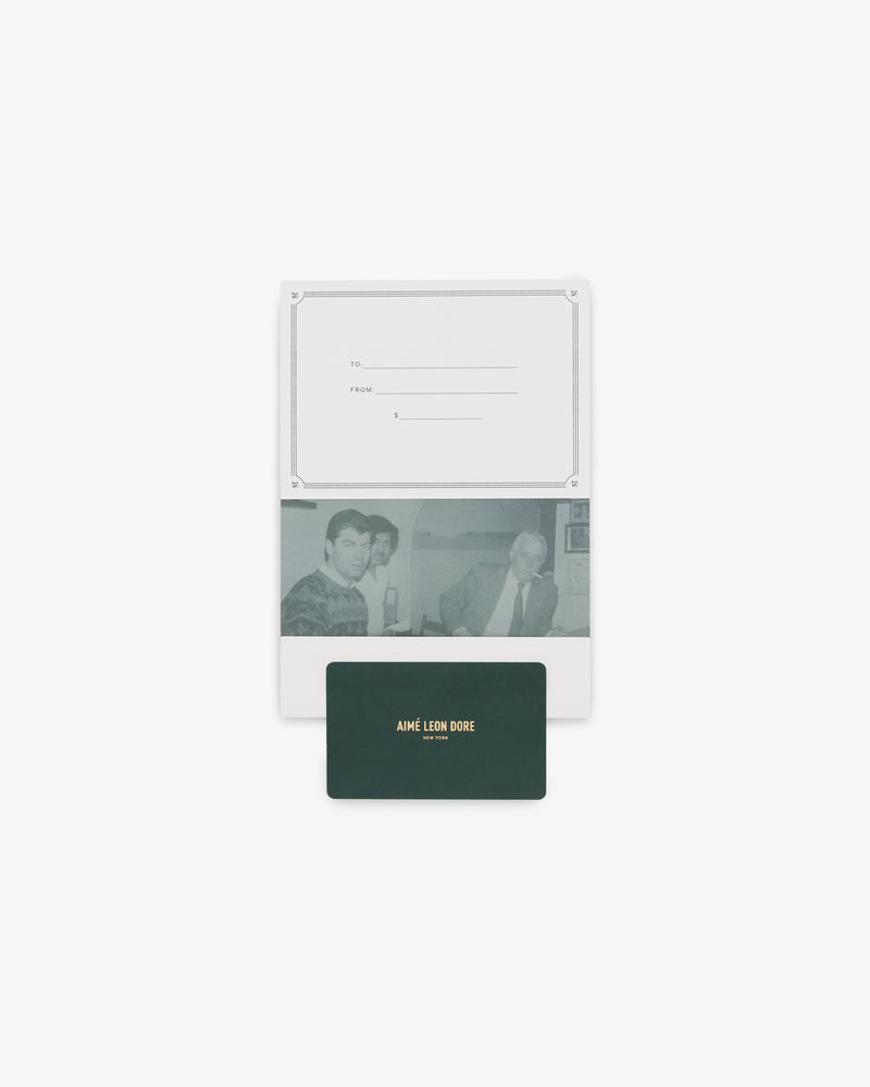 Aimé Leon Dore Gift Card: features a To/From section, vintage photo, and green card with branding.