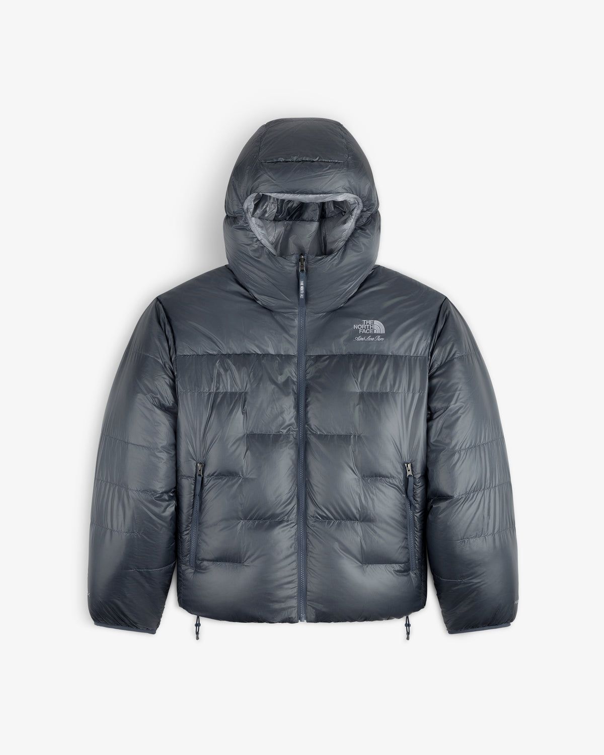 ALD/The North Face Reversible Pertex® Nuptse Jacket in gray with hood, zipper, and chest logo, on white backdrop.