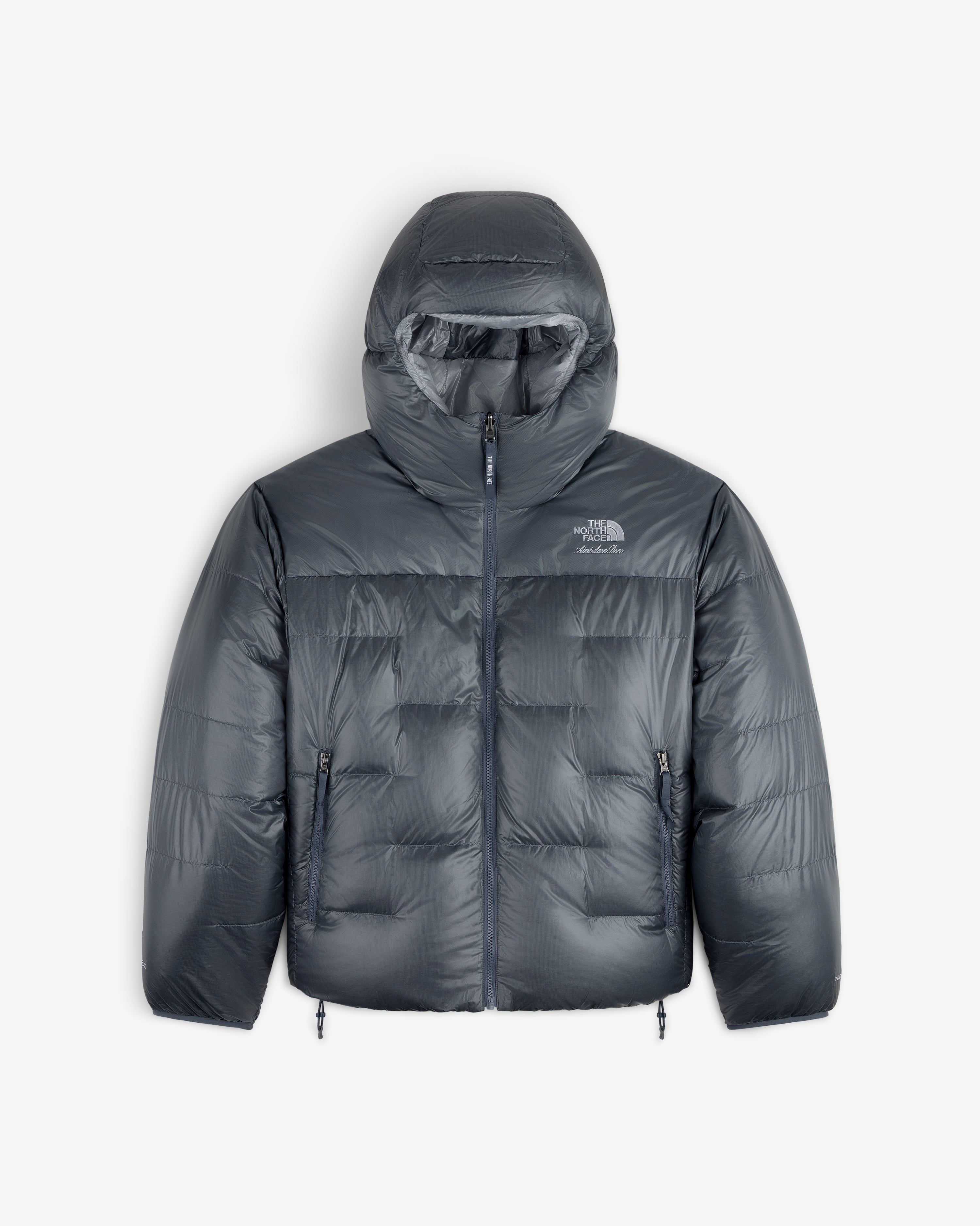 ALD/The North Face Reversible Pertex® Nuptse Jacket in gray with hood, zipper, and chest logo, on white backdrop.