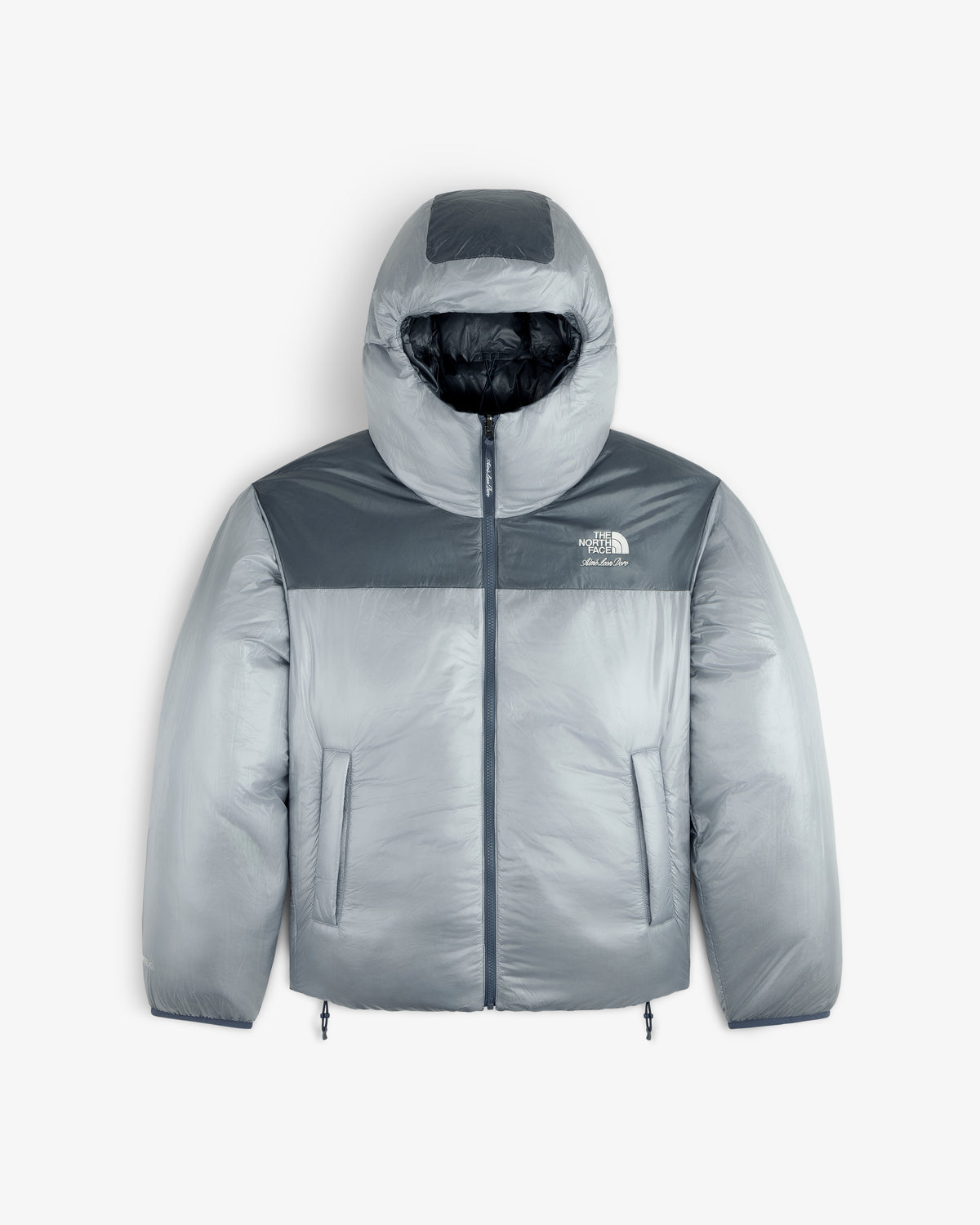 Gray ALD / The North Face Reversible Pertex® Nuptse Jacket with hood, front zipper, and side pockets on white background.