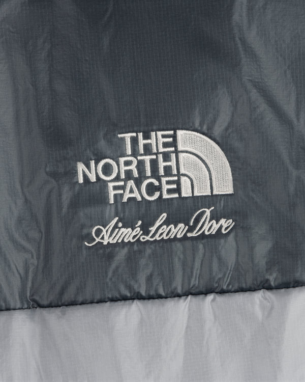 Close-up of ALD / The North Face Reversible Pertex® Nuptse Jacket logo embroidered on gray fabric.