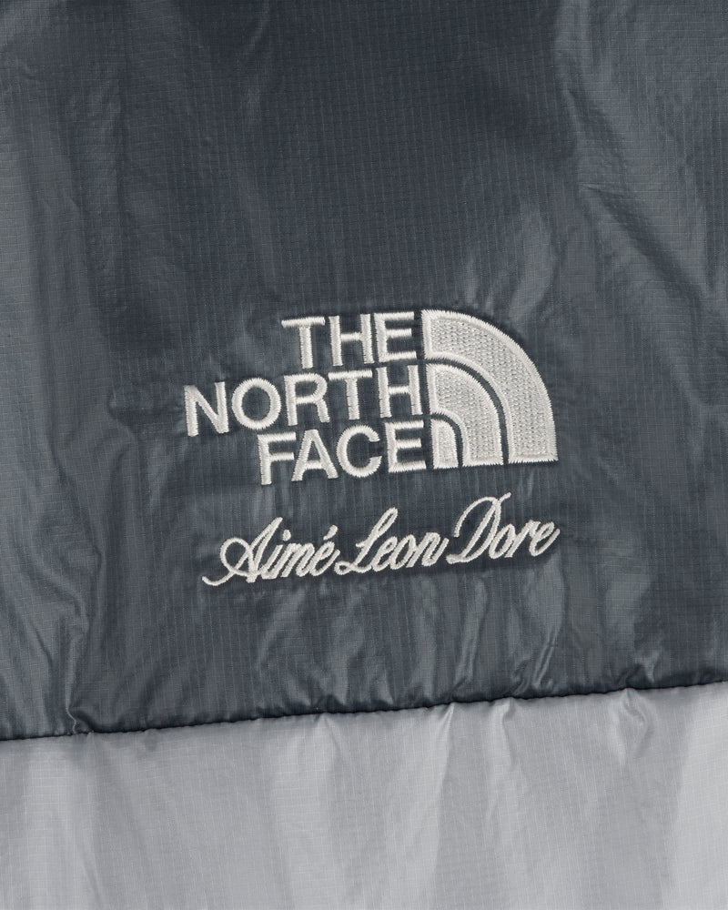 Close-up of ALD / The North Face Reversible Pertex® Nuptse Jacket logo embroidered on gray fabric.