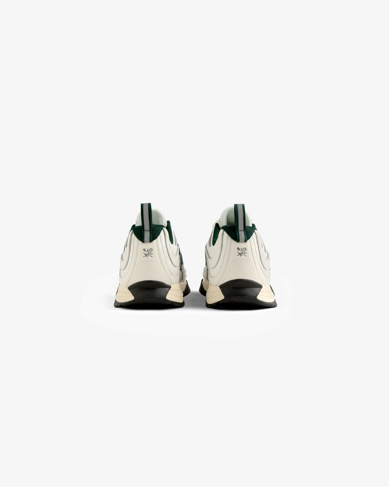 ALD / New Balance RC56 white sneakers with green accents, shown from the back on a plain white background.