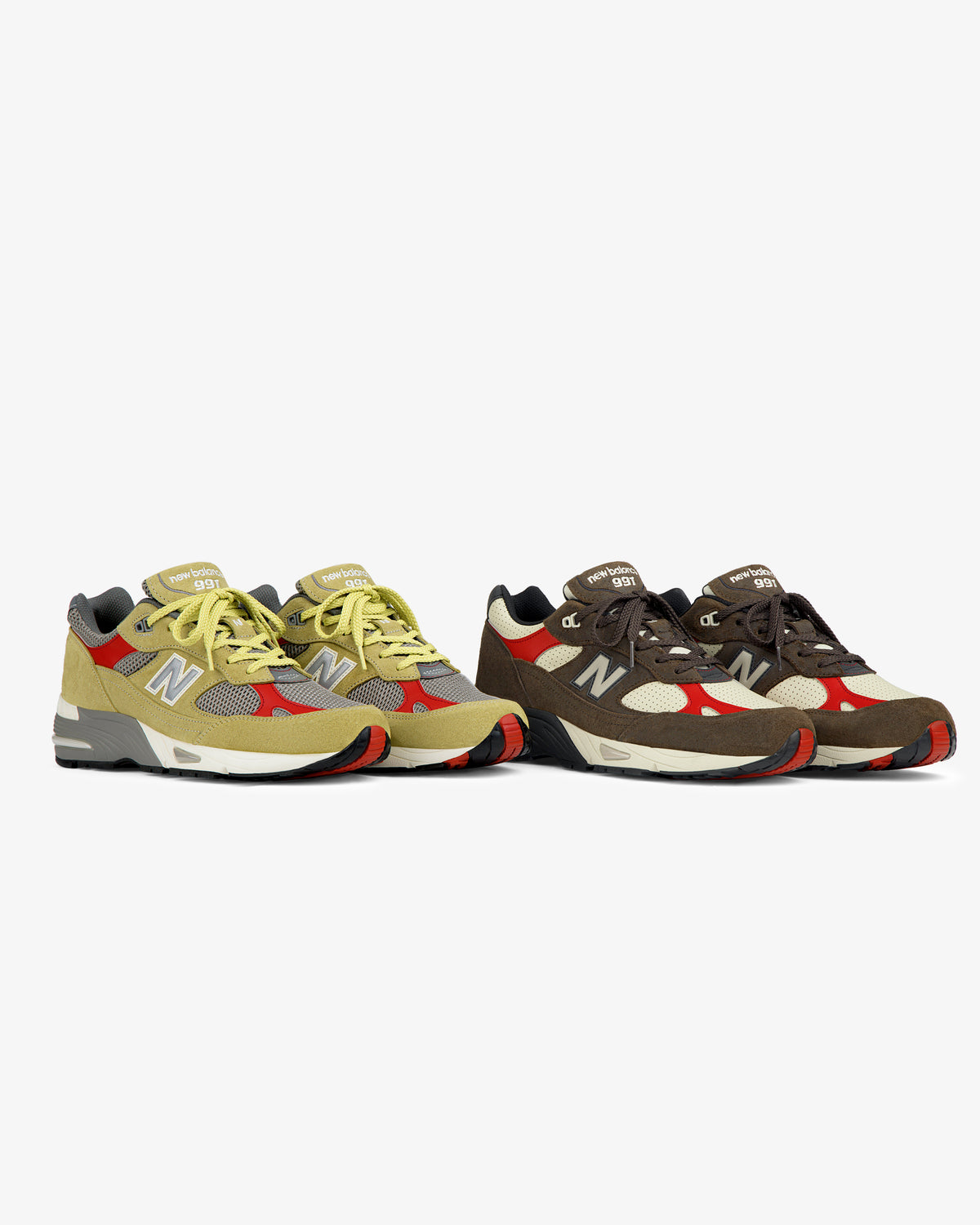 Two pairs of ALD / New Balance Made in UK 991 sneakers: yellow/gray and brown/red, on a white background.
