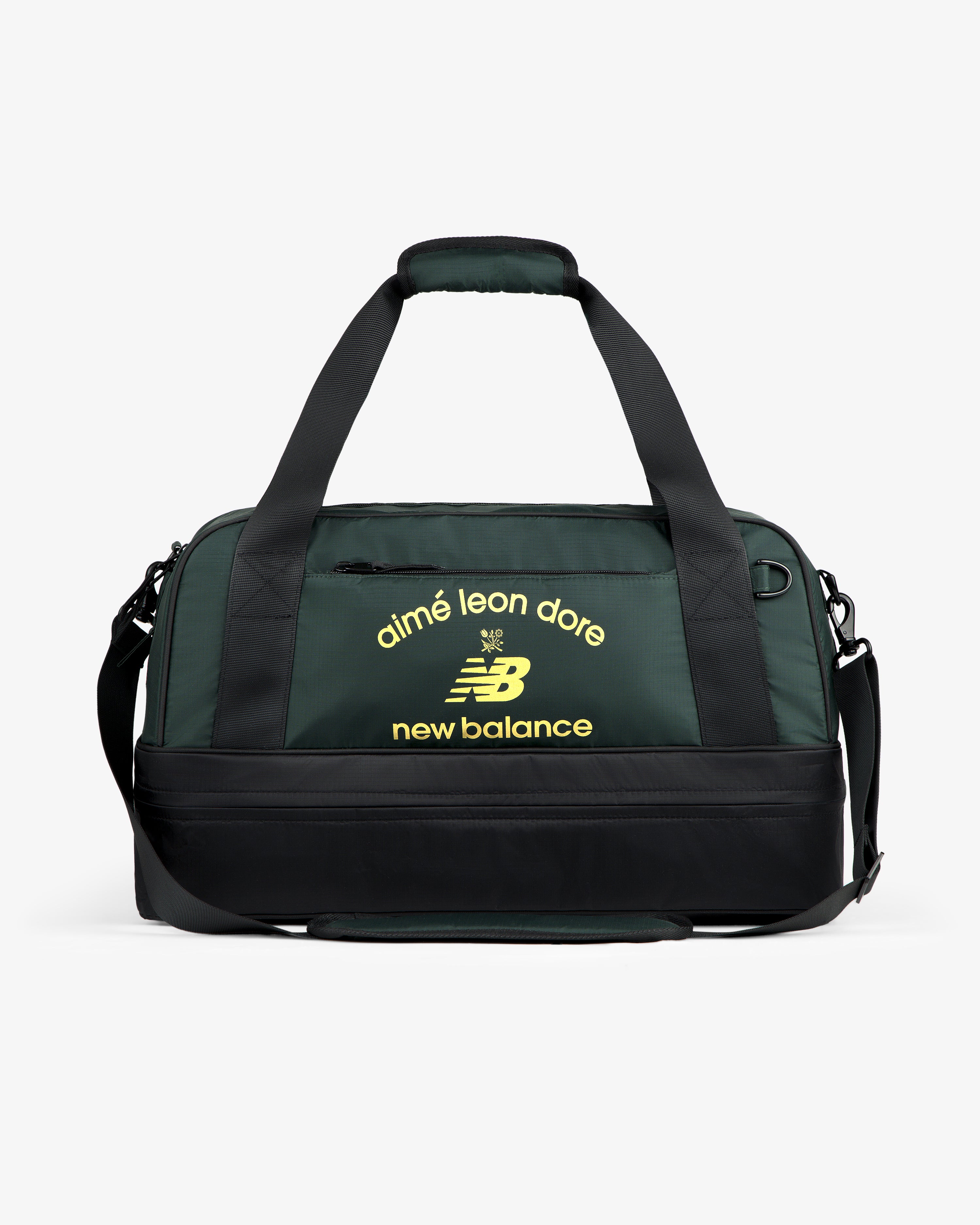 Dark green ALD / New Balance Travel Duffle Bag with black straps and yellow logos on the front.