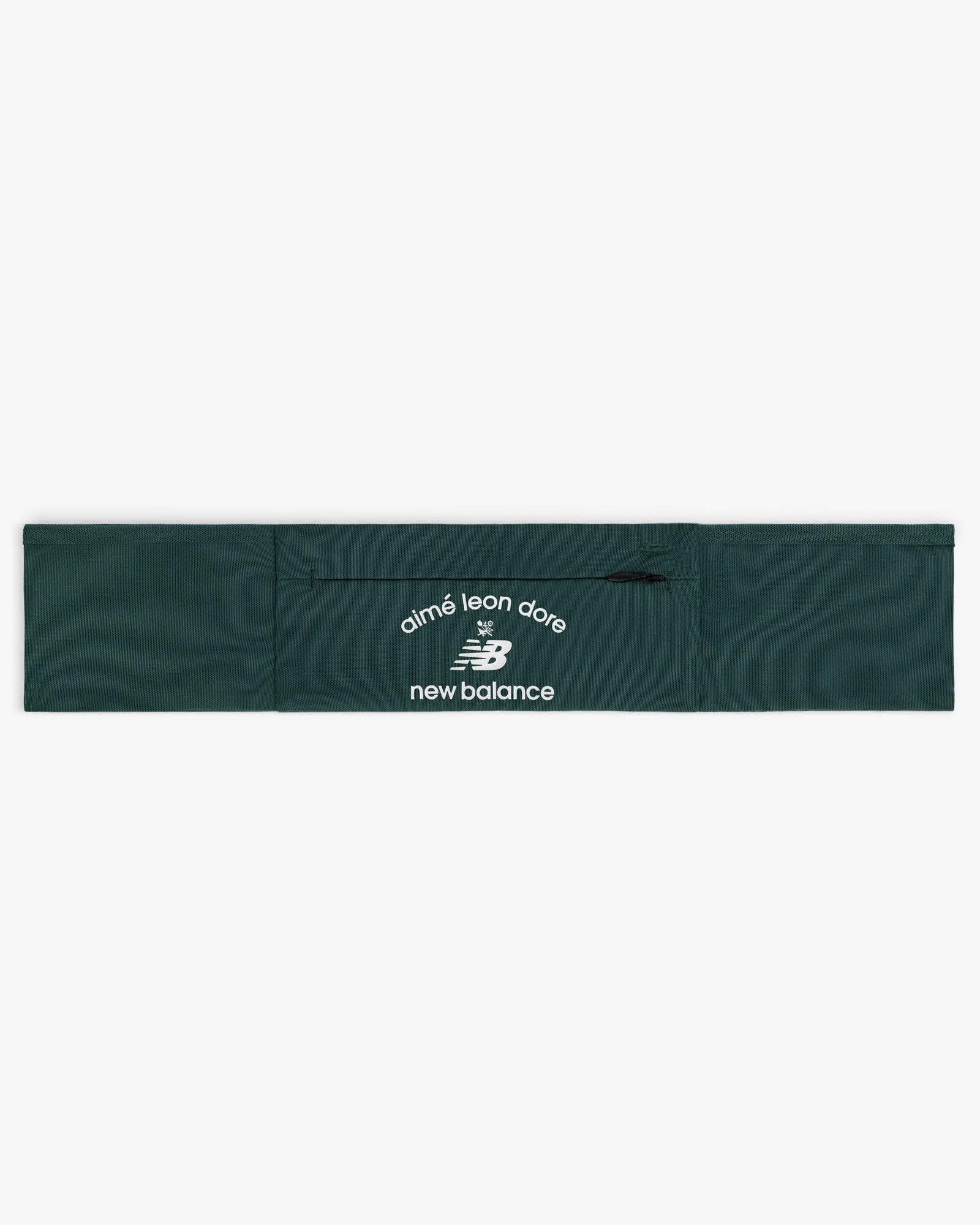 ALD / New Balance Performance Running Belt in dark green with white logos on the center zippered pocket.
