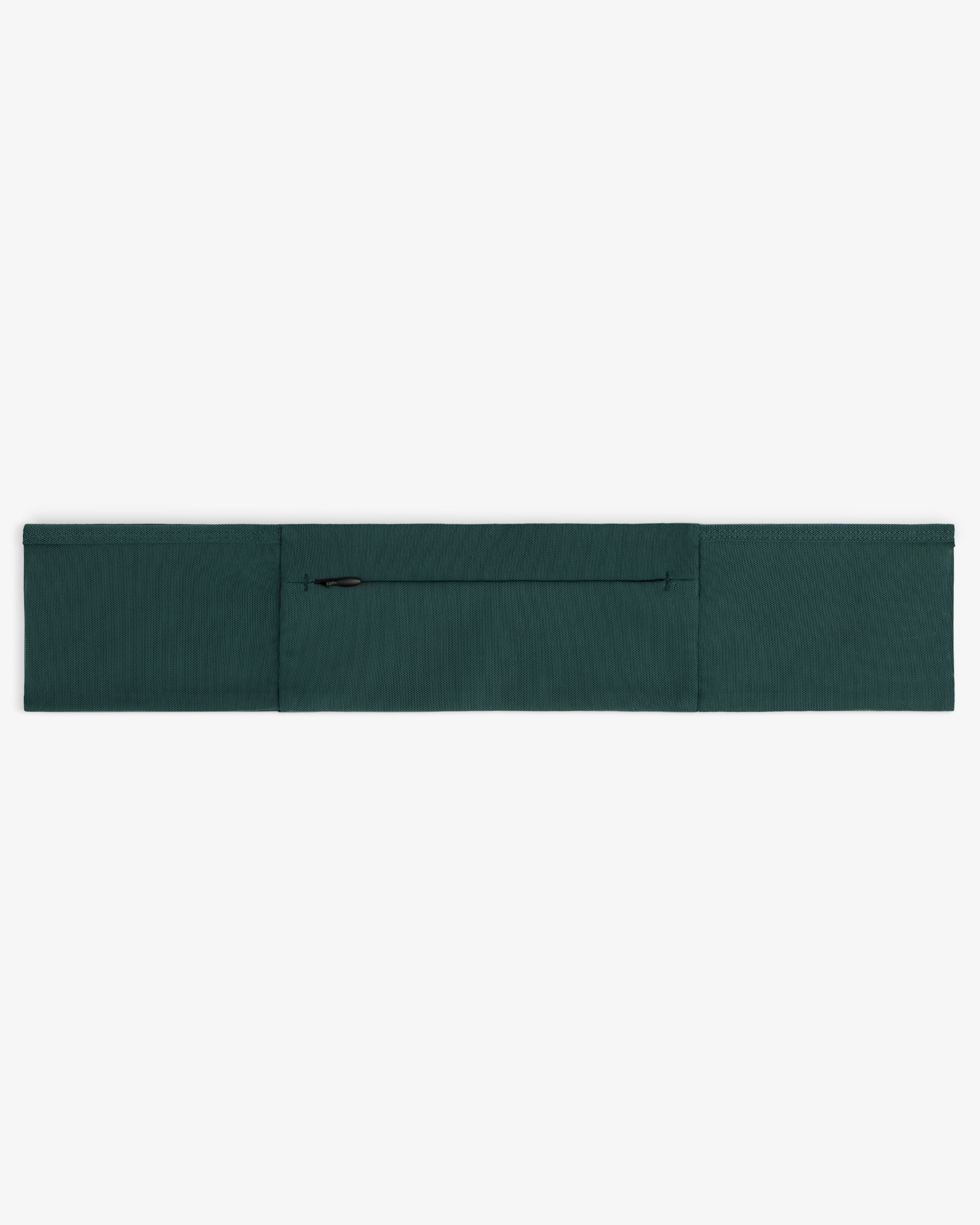 The ALD / New Balance Performance Running Belt in dark green with a center zip pocket is shown laid flat on white.