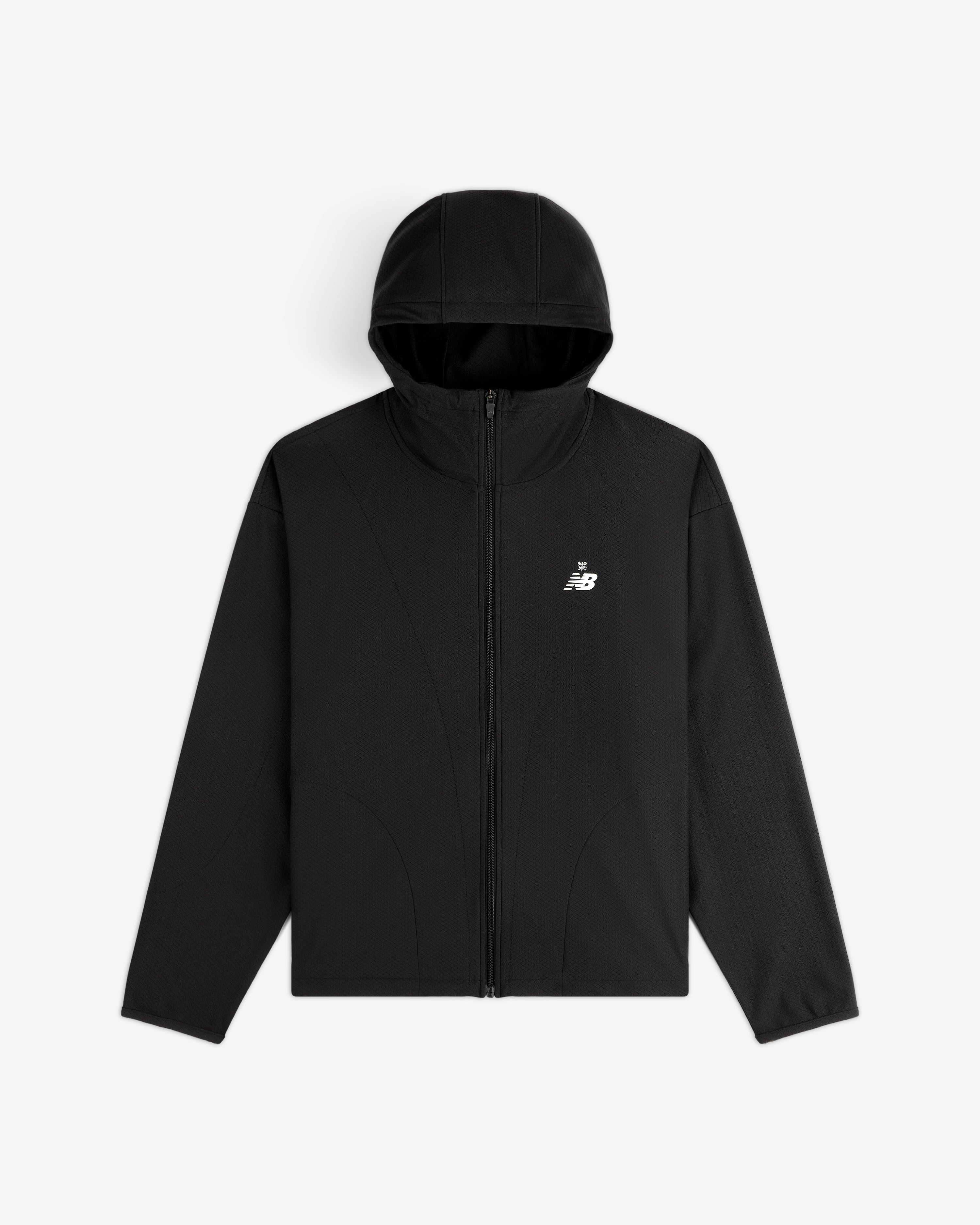 ALD / New Balance Full-Zip Warmup Hoodie in black with small white logo, shown on a plain white background.