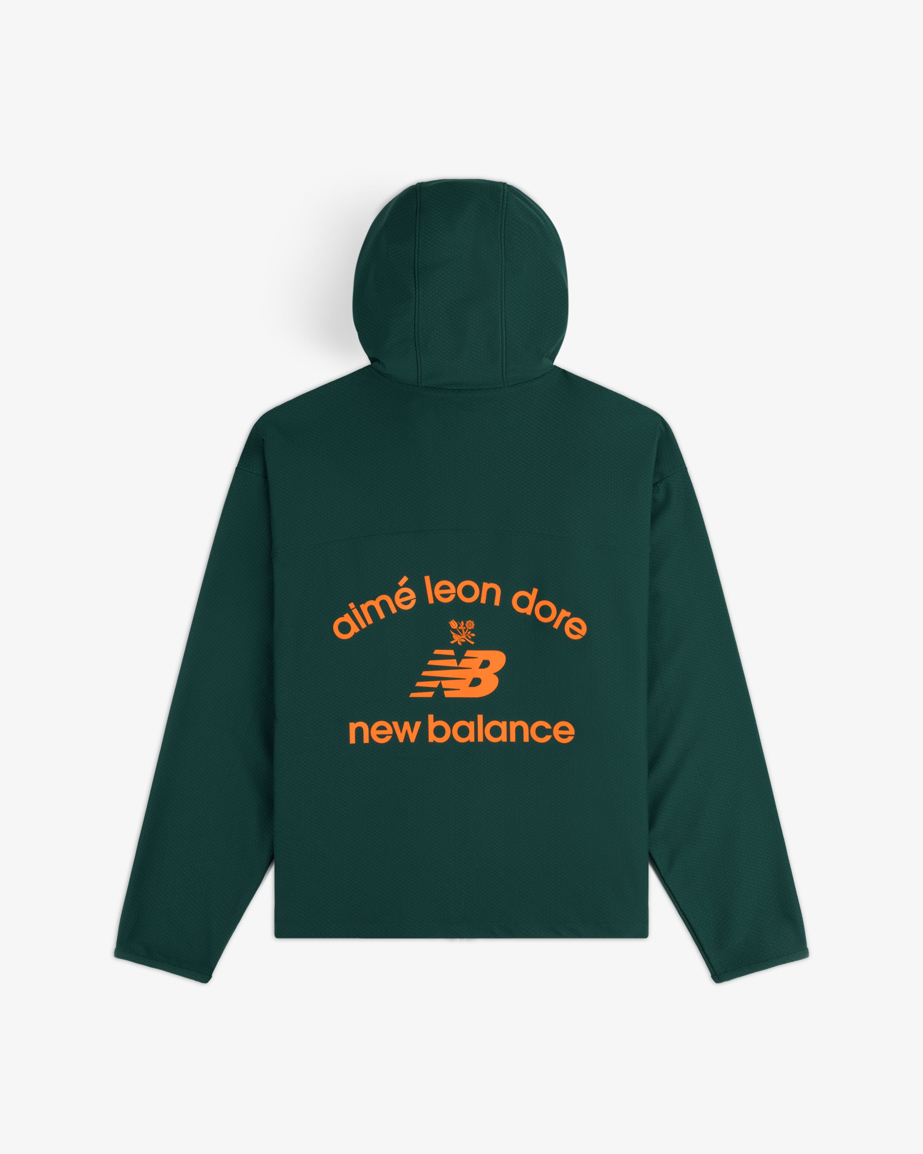 Dark green ALD / New Balance Full-Zip Warmup Hoodie with orange logo text on the back.